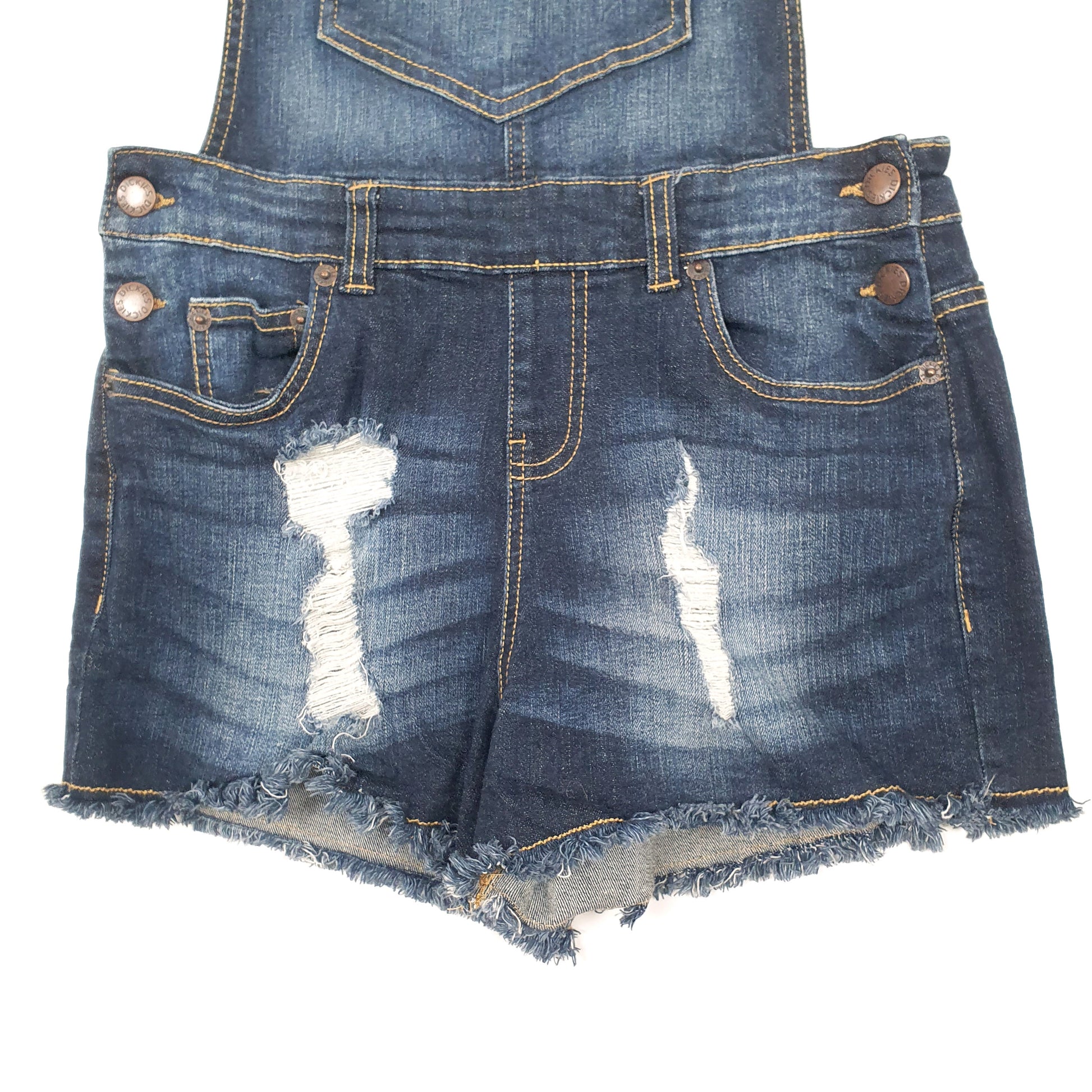 Womens Blue Dickies Distressed Shorts Bib Overalls Dungaree Trousers