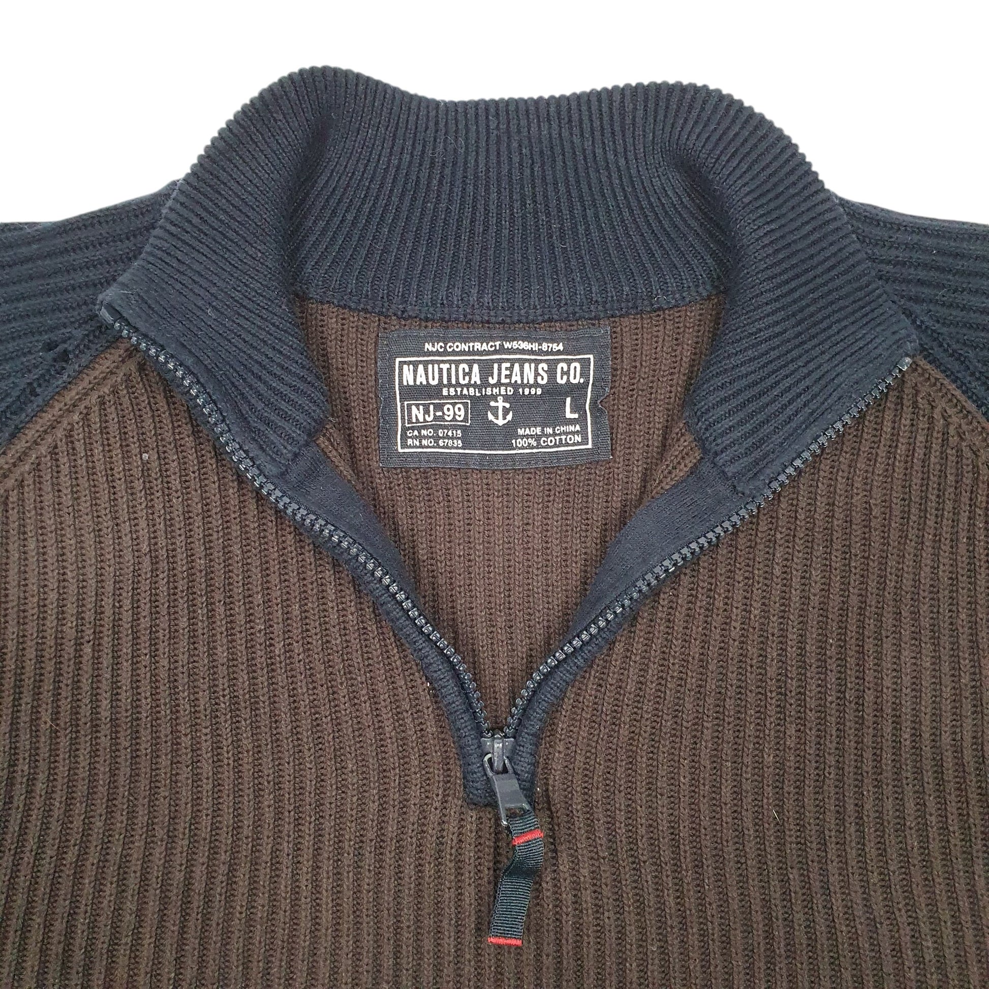 Mens Brown Nautica Knit Ribbed Jeans Quarter Zip Jumper