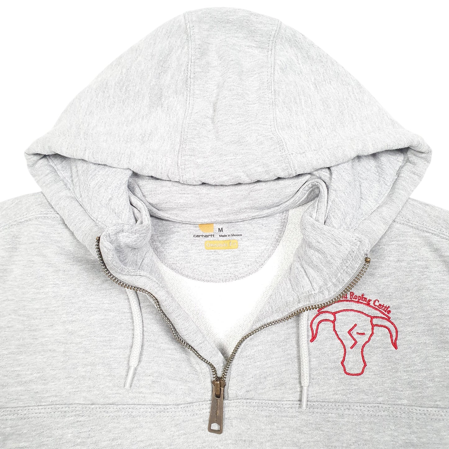 Mens Grey Carhartt Workwear Hoodie Van Tassell Roping Cattle USA Quarter Zip Jumper