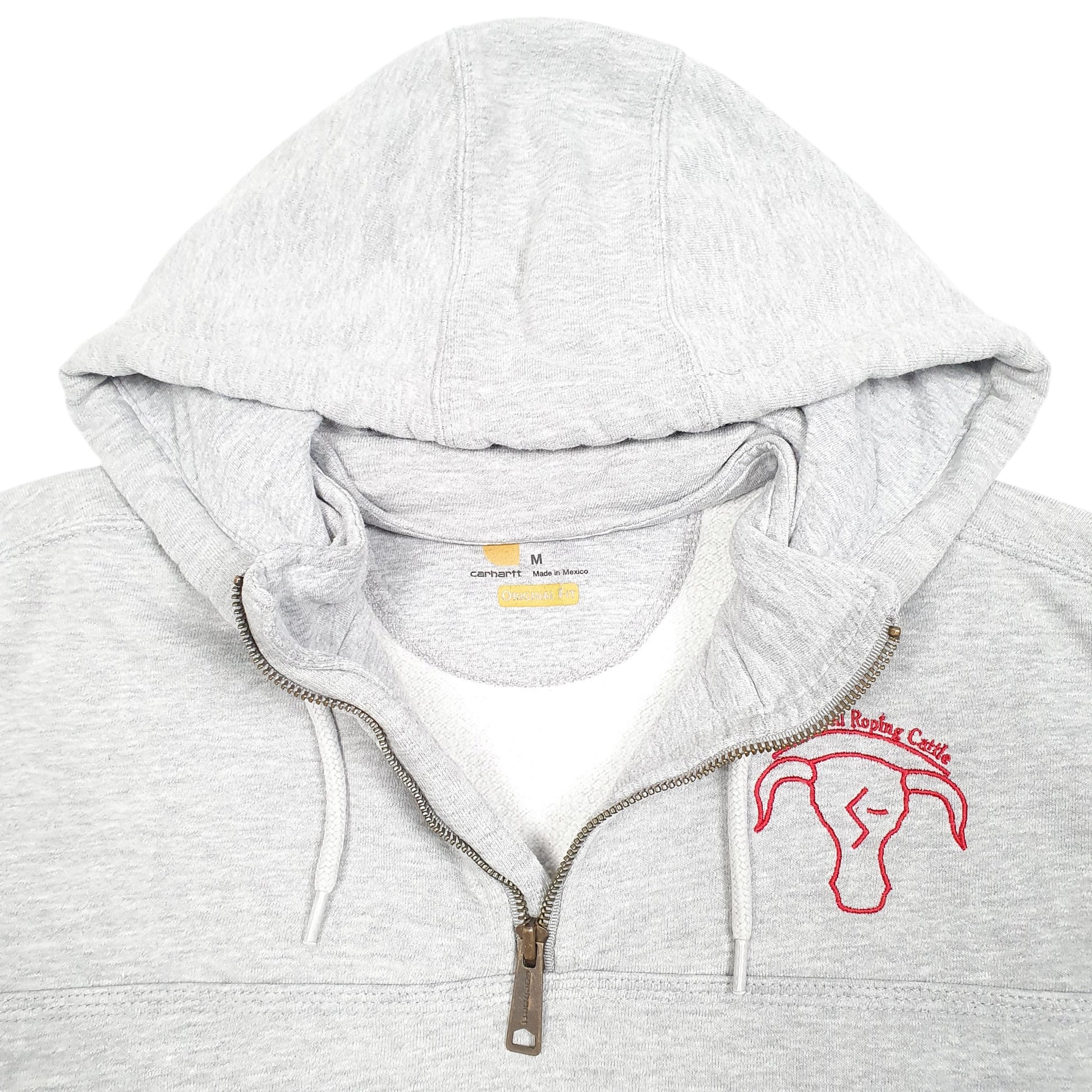 Mens Grey Carhartt Workwear Hoodie Van Tassell Roping Cattle USA Quarter Zip Jumper