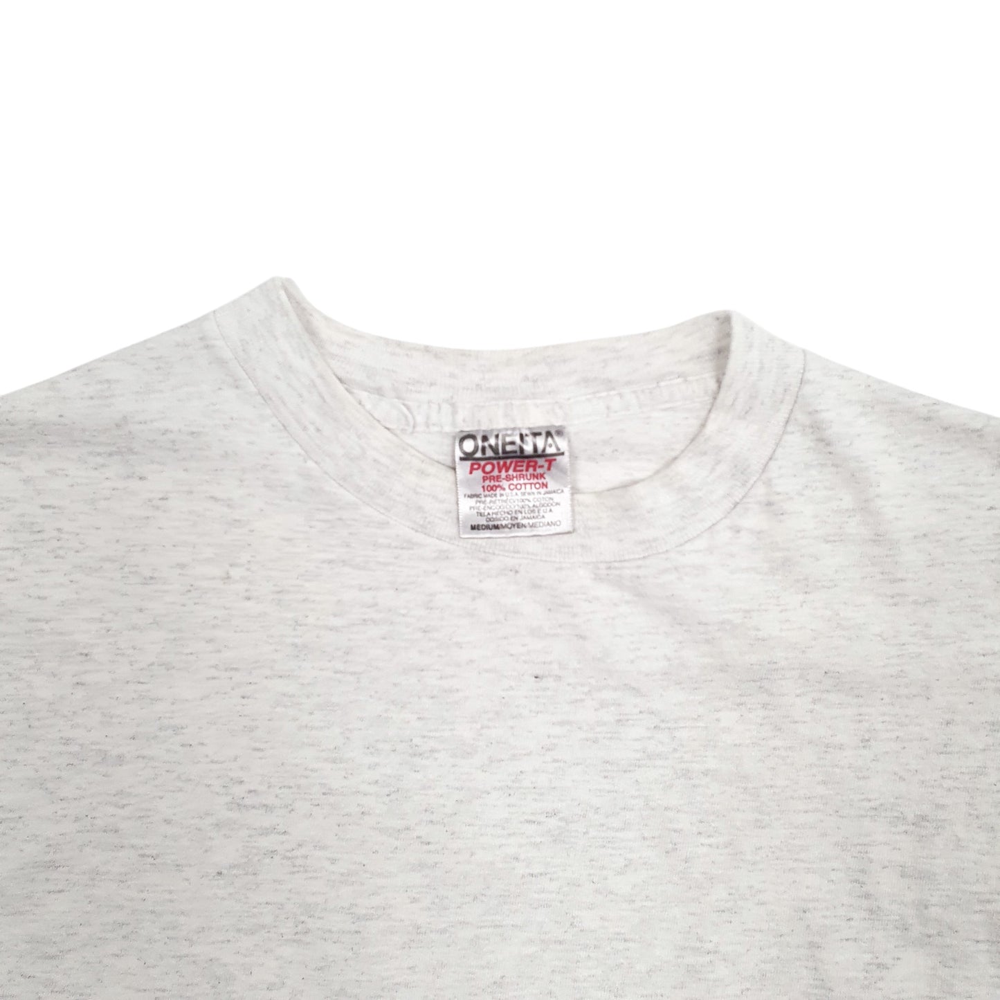 Mens Grey Oneita Single Stitch Vintage 90s Made In USA Backprint Wolf Short Sleeve T Shirt