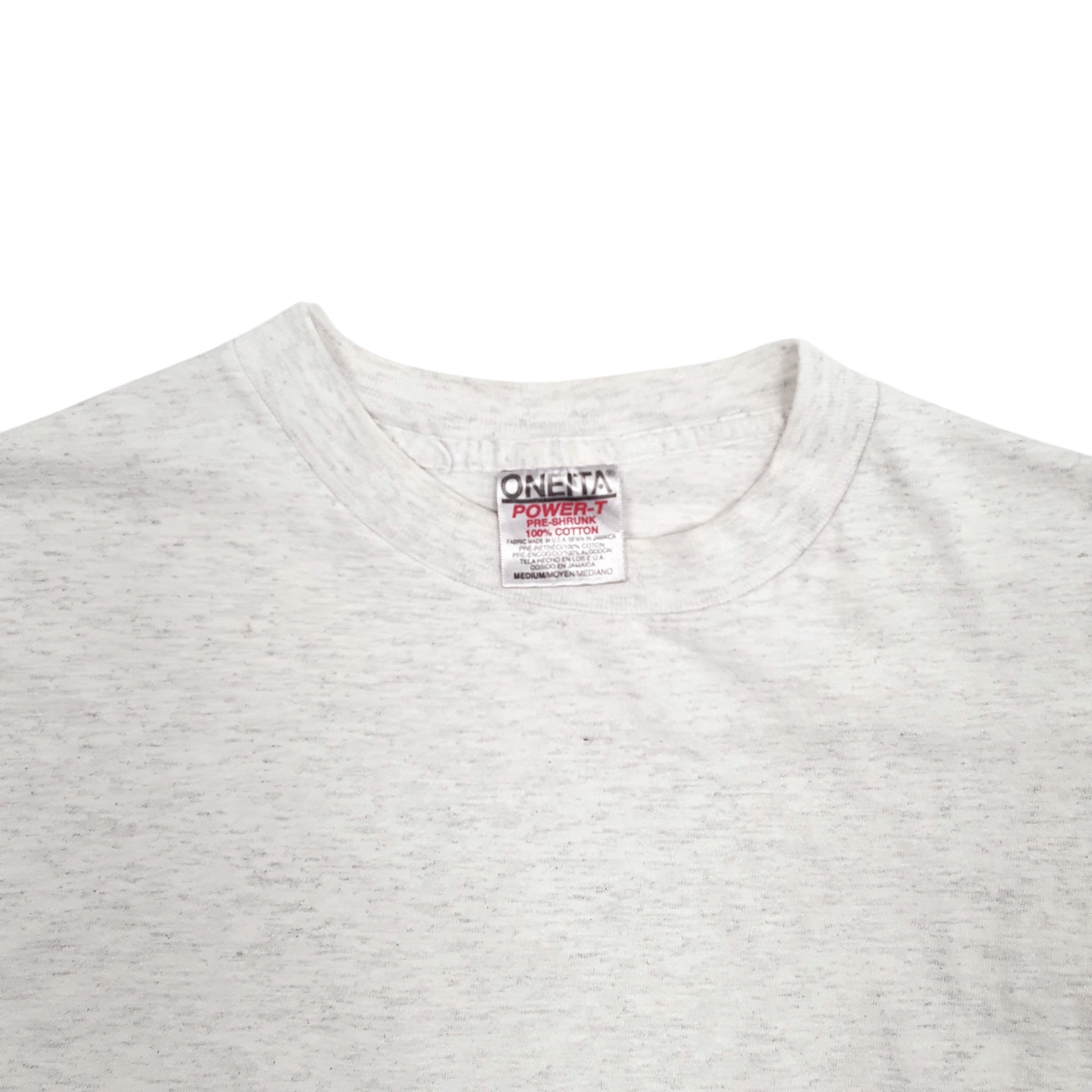 Mens Grey Oneita Single Stitch Vintage 90s Made In USA Backprint Wolf Short Sleeve T Shirt