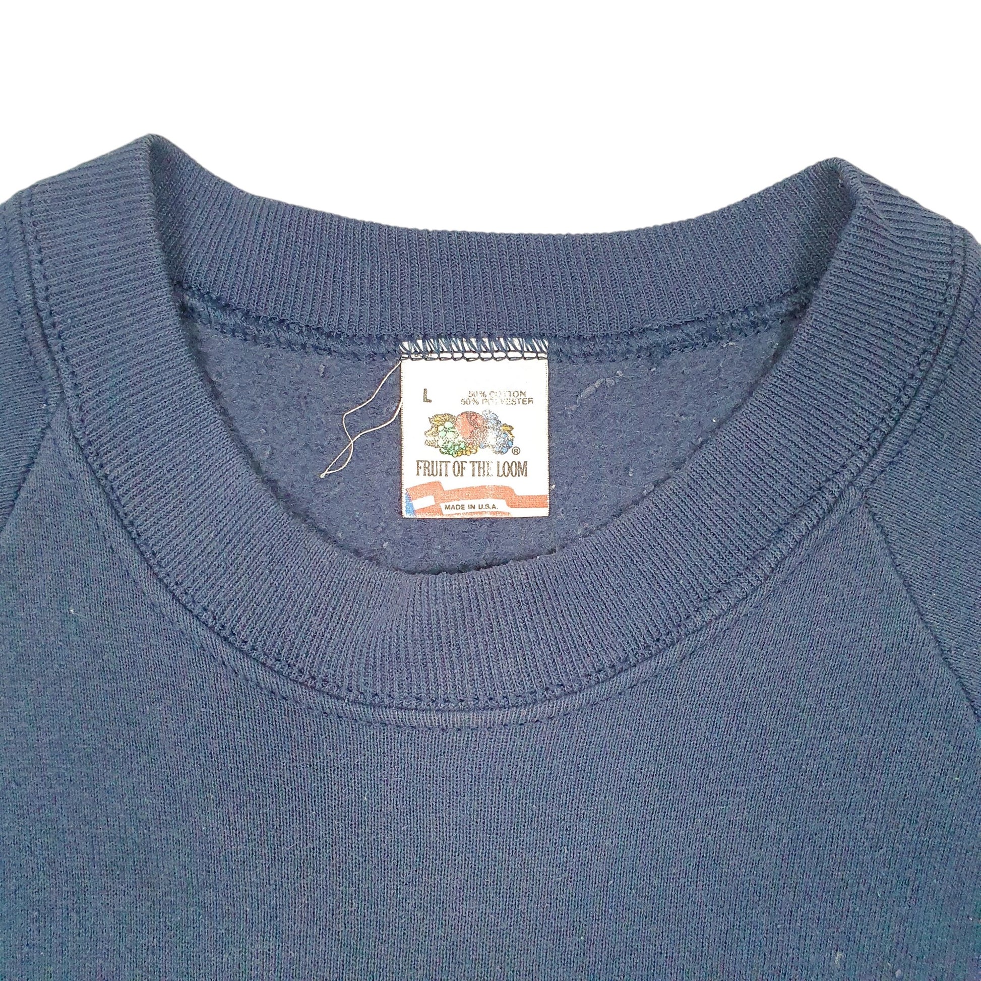 Mens Navy Fruit Of The Loom Vintage 80s 90s Willow Circle Llamas Made In USA Raglan Crewneck Jumper