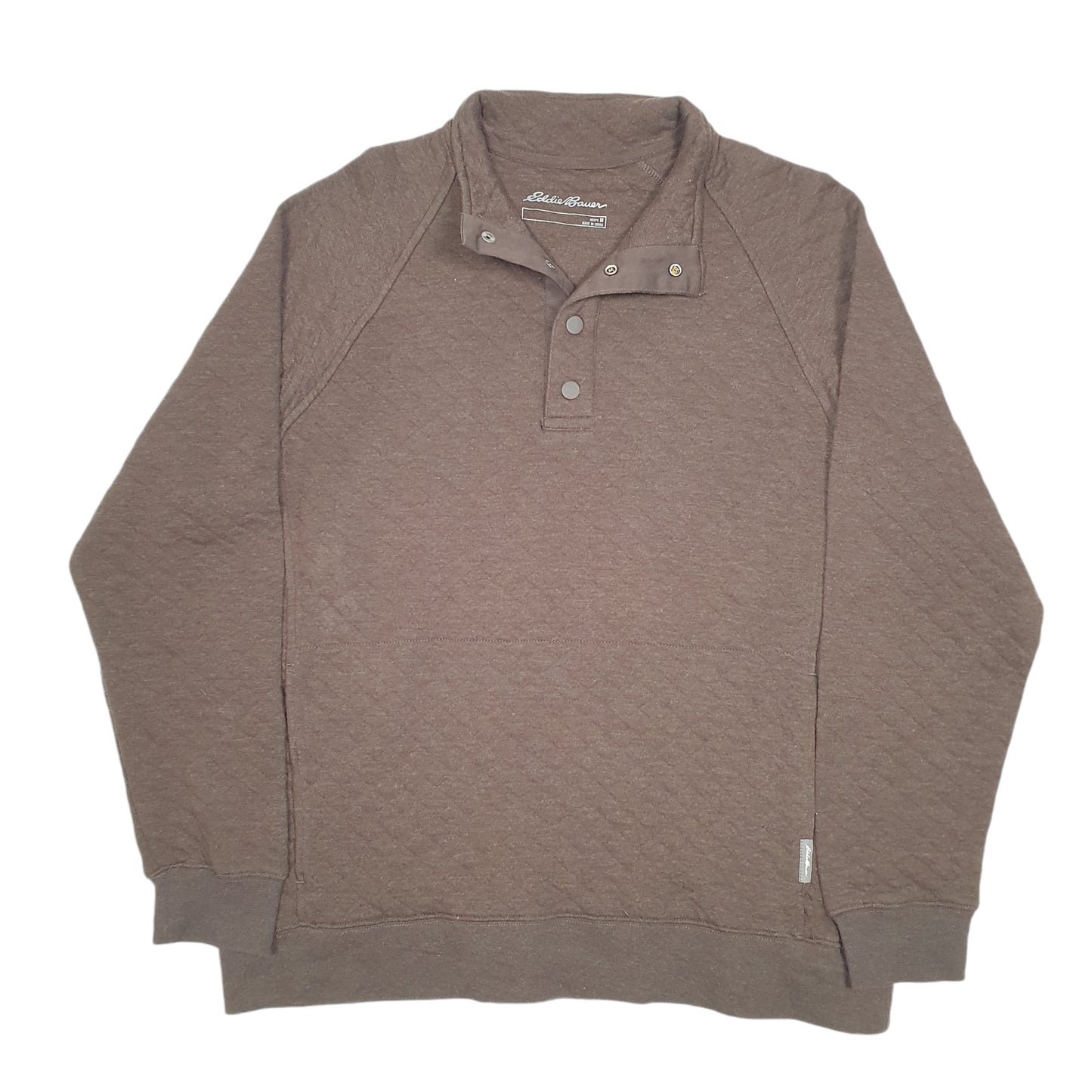 Mens Brown Eddie Bauer Snap Button Popper Quilt Sweat Quarter Zip Jumper