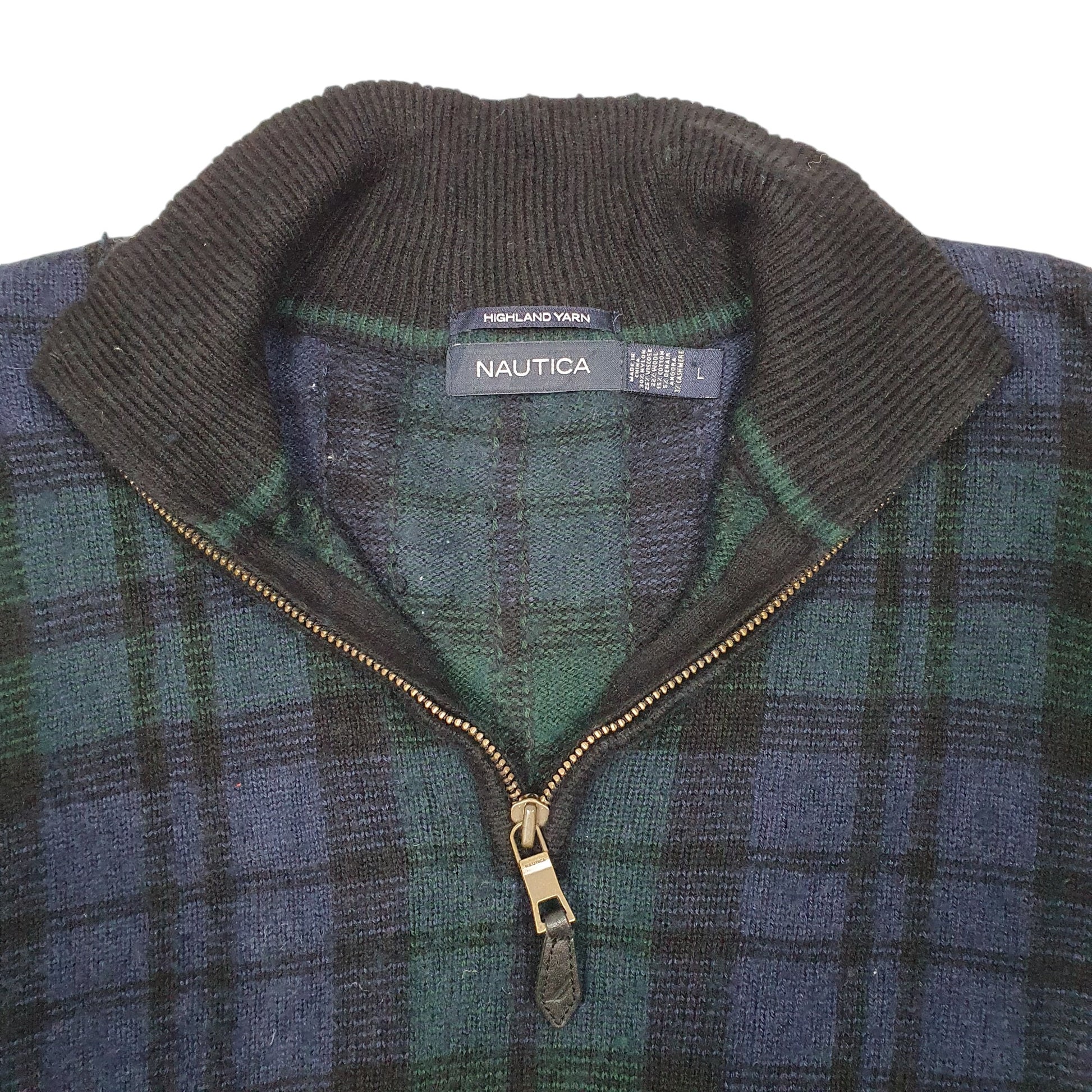 Mens Navy Nautica Knit Highland Yarn Tartan Sweater Quarter Zip Jumper