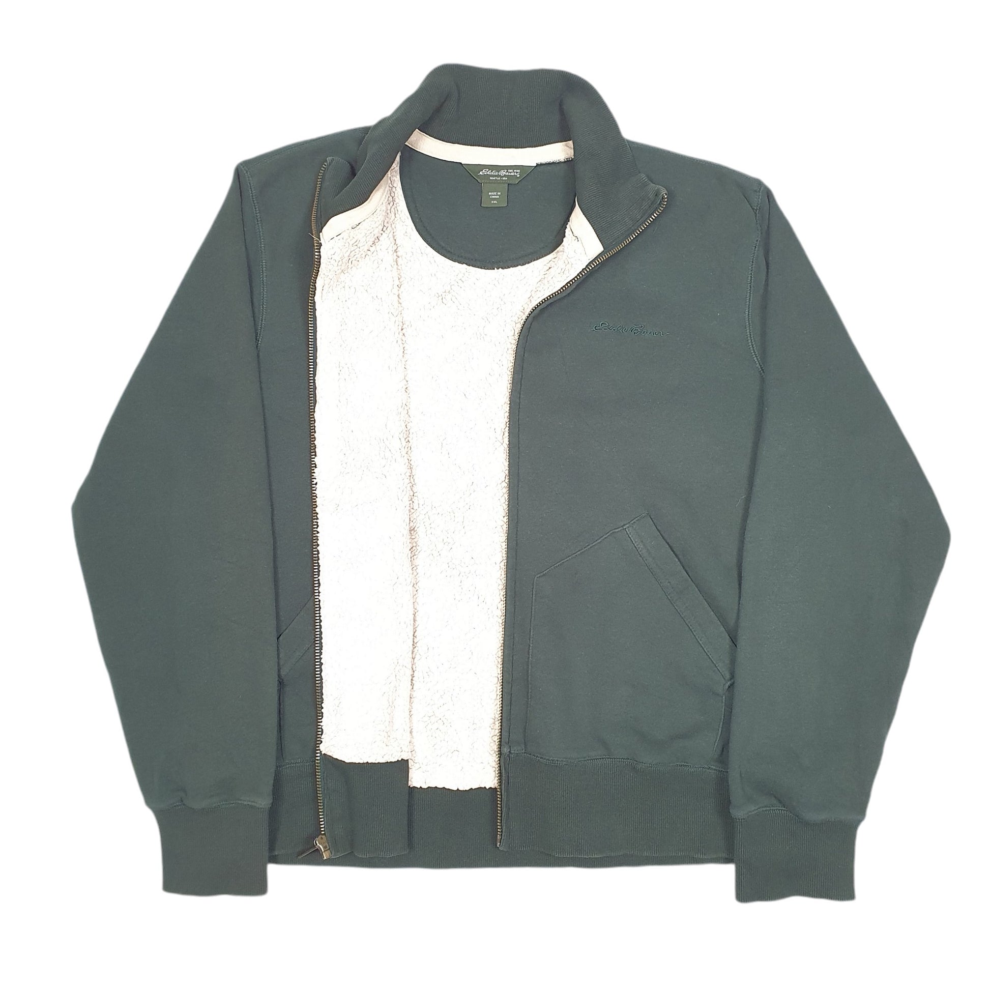 Mens Khaki Eddie Bauer Fleece Lined Sweater Full Zip Jumper