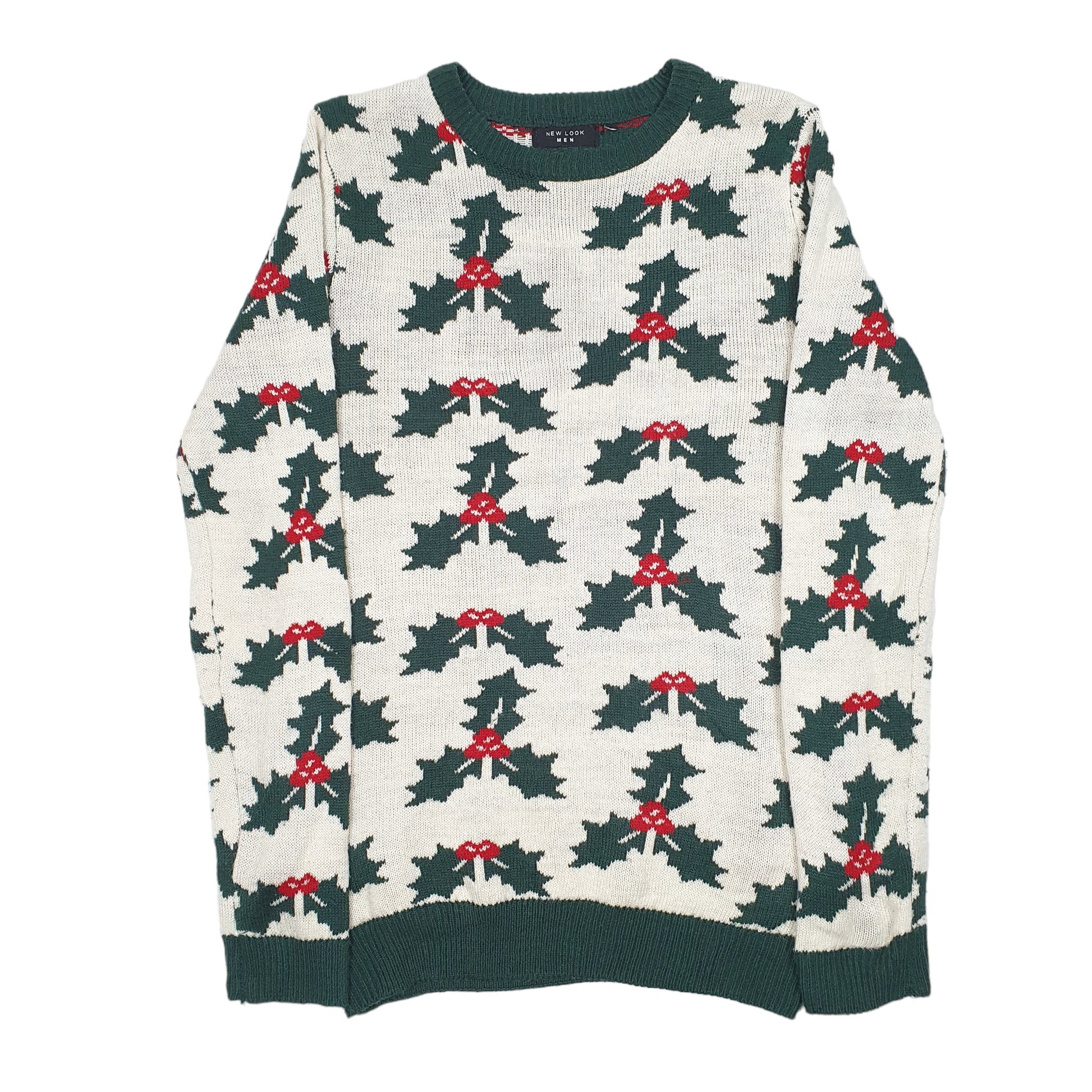Mens Cream New Look Knit Christmas Festive Holly Ivy Crewneck Jumper