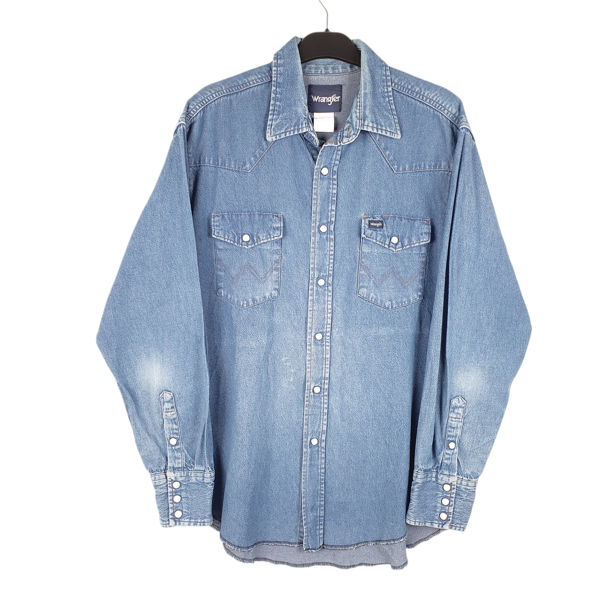 Mens Blue Wrangler Denim Jeans Western Pearl Snap Cowboy Long Sleeve Shirt
