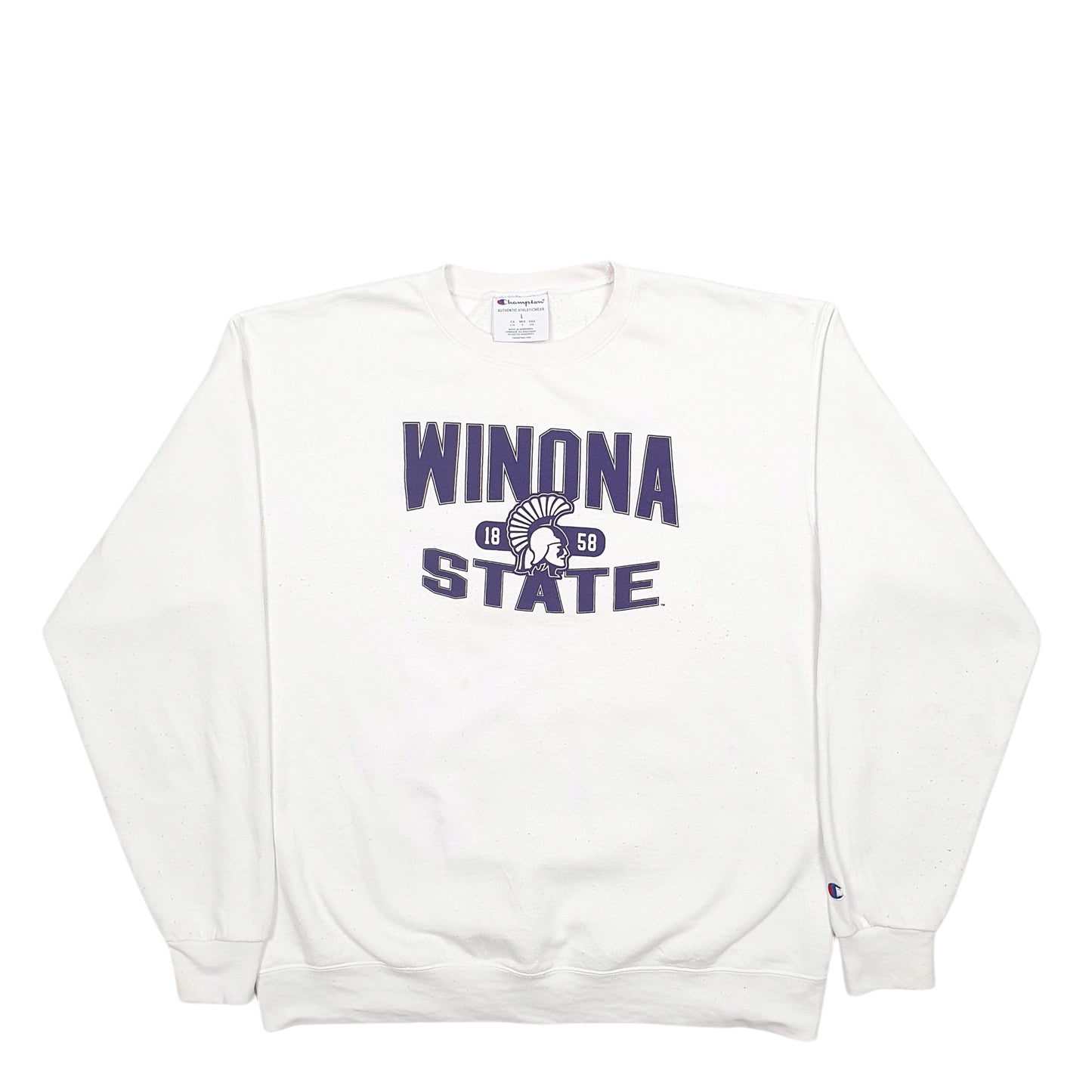 Mens White Champion Winona State Spellout Crewneck Jumper