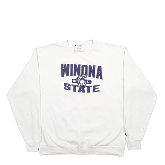 Mens White Champion Winona State Spellout Crewneck Jumper