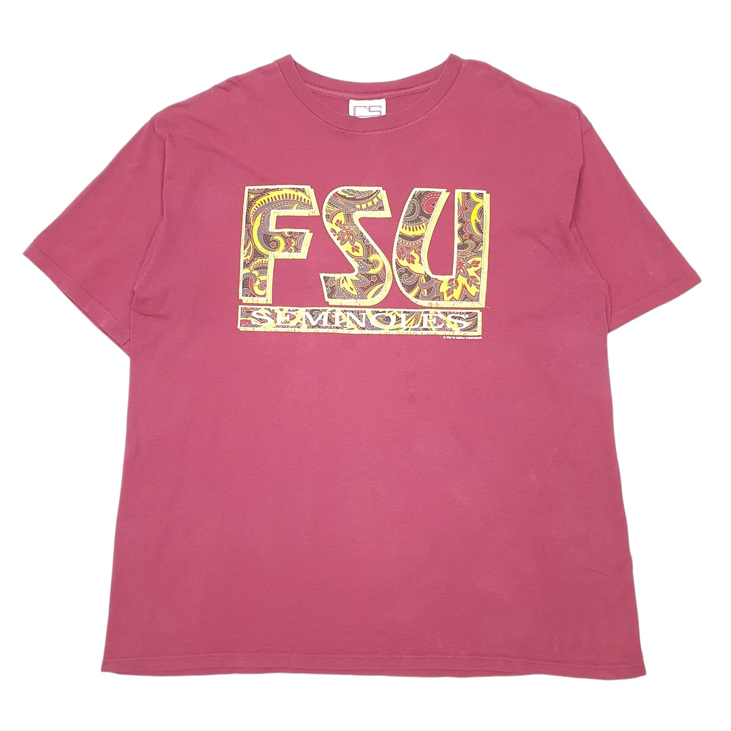 Mens Burgundy Crable Sportswear Single Stitch Vintage 90s Made In USA FSU Seminoles Short Sleeve T Shirt