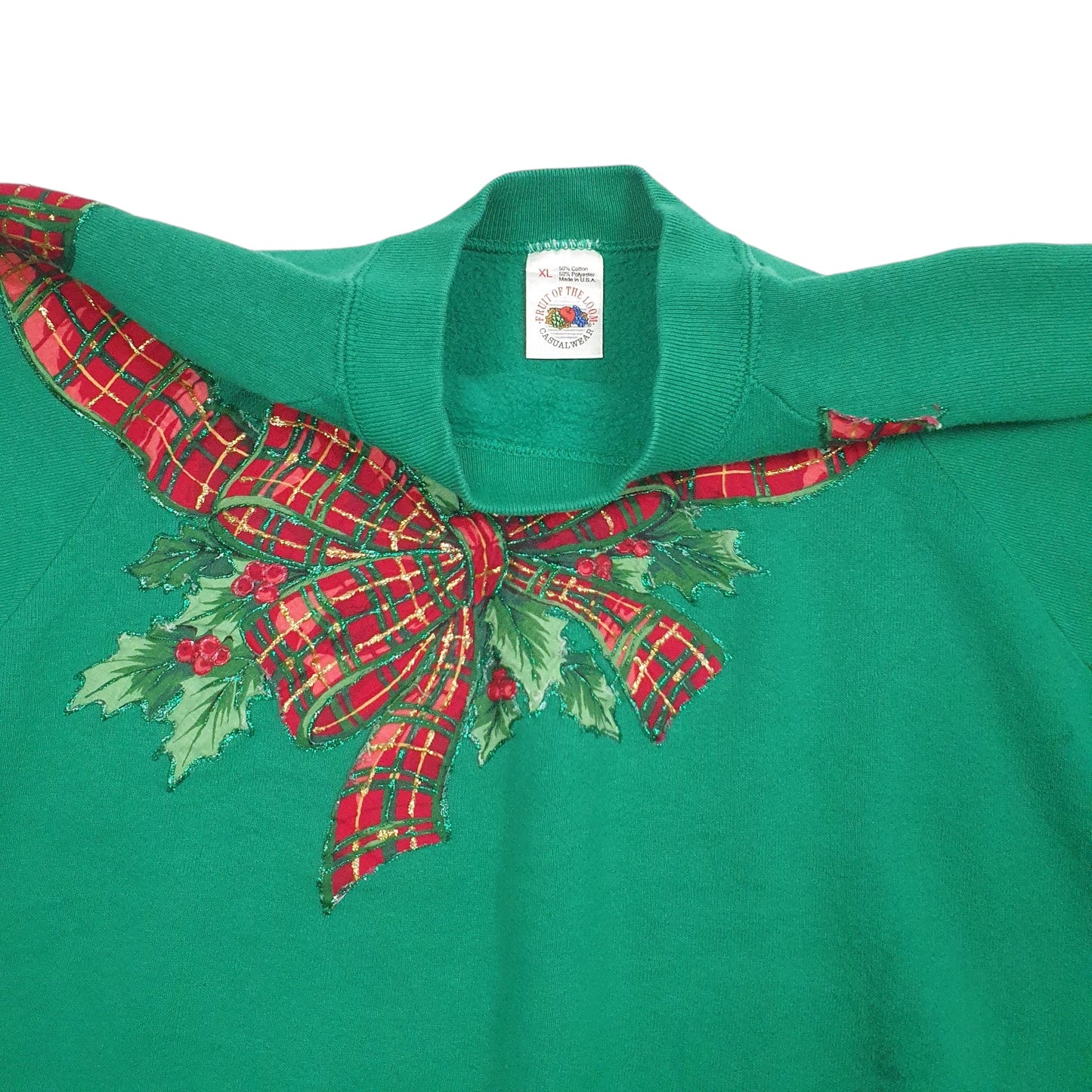 Mens Green Fruit Of The Loom Vintage 90s Made In USA Christmas Crewneck Jumper