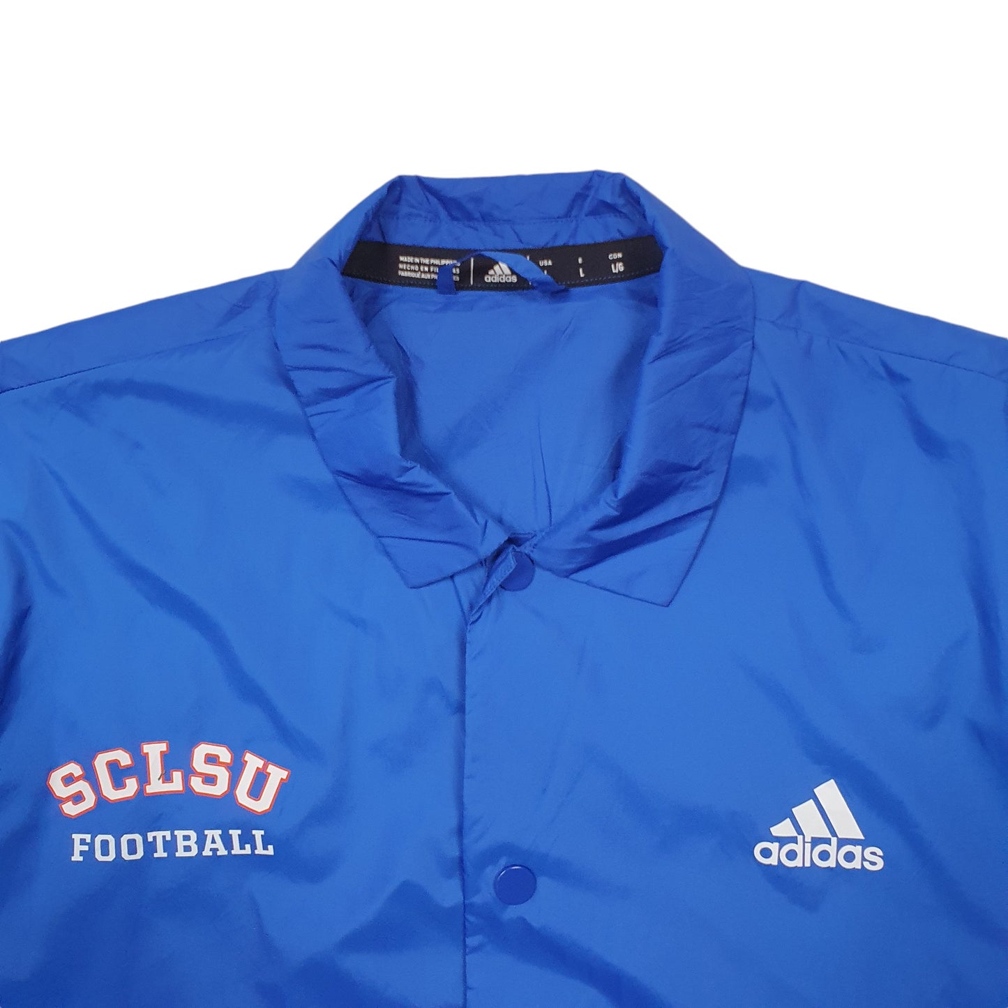 Mens Blue Adidas SCLSU Football Spellout  Coat