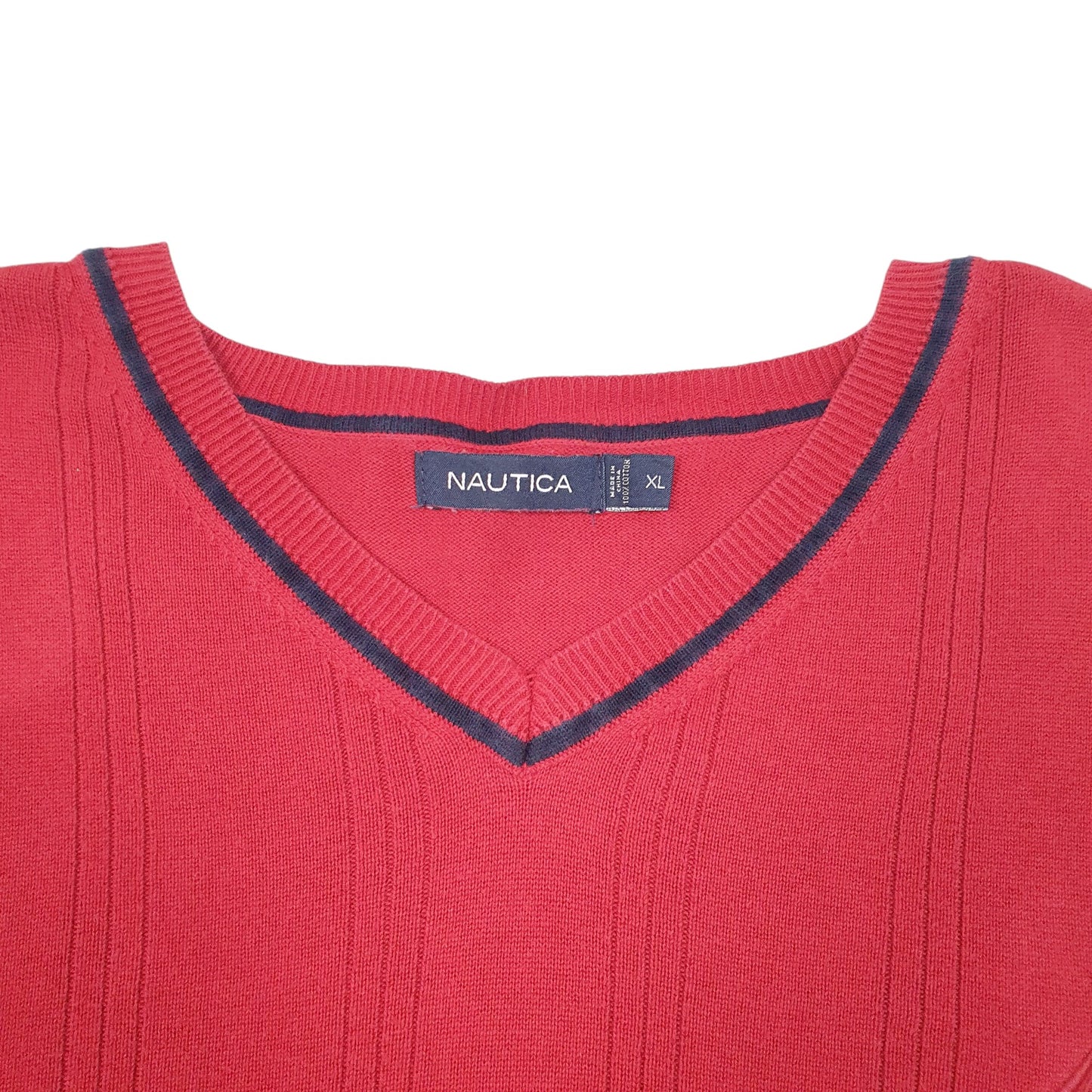 Mens Red Nautica Knit V Neck Jumper