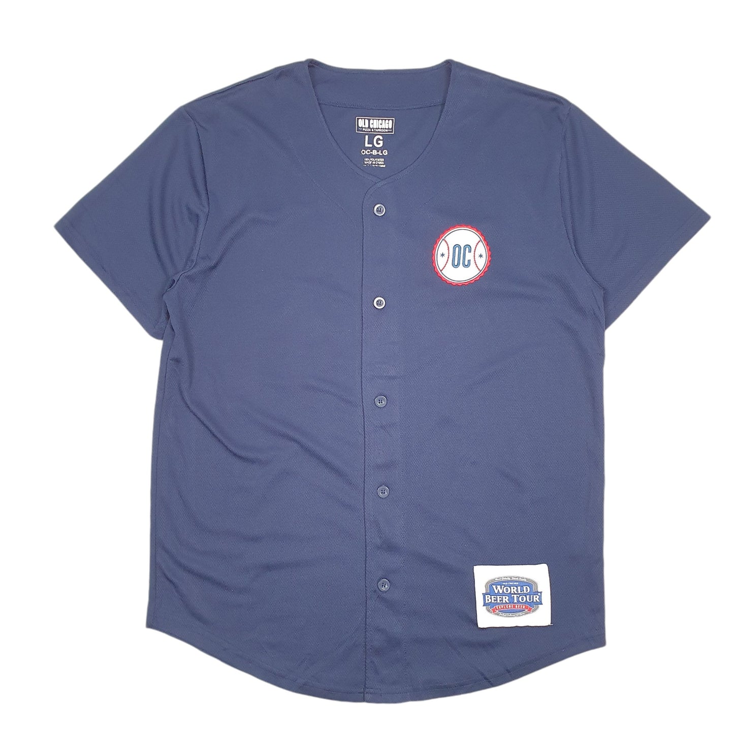 Mens Navy Old Chicago Pizza & Taproom Baseball Jersey USA World Beer Tour Short Sleeve T Shirt