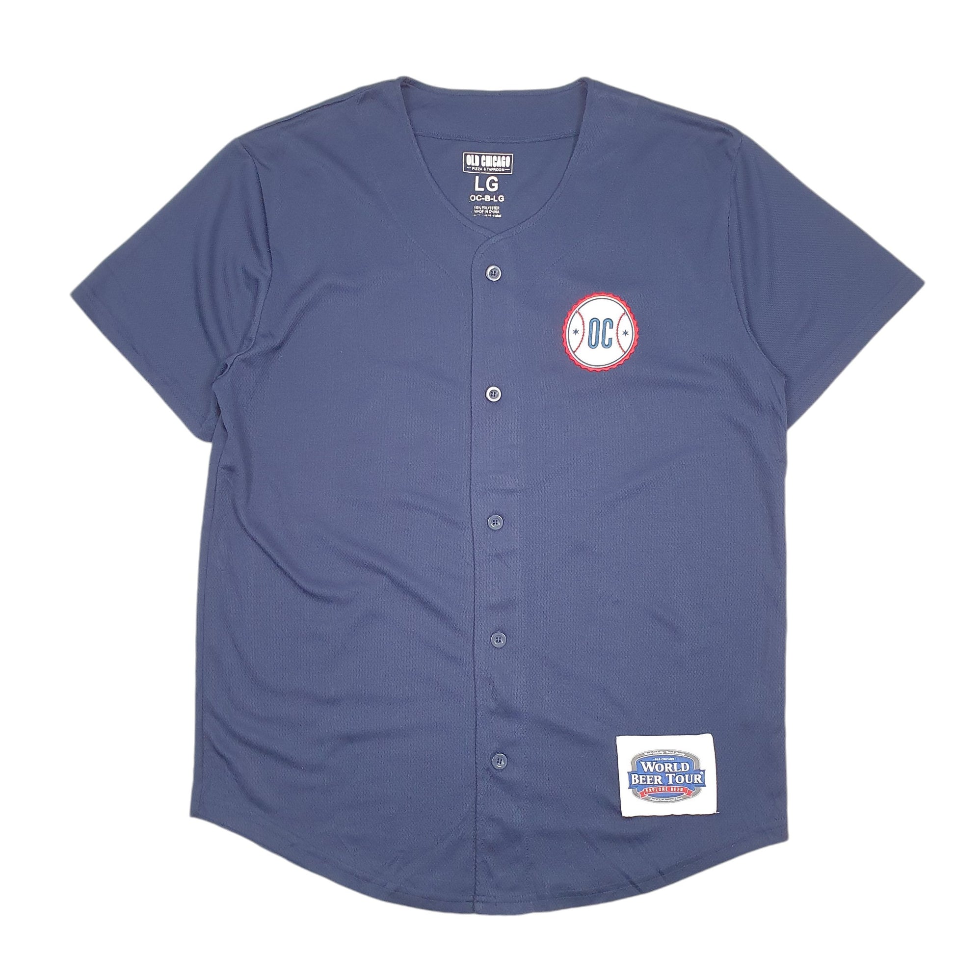 Mens Navy Old Chicago Pizza & Taproom Baseball Jersey USA World Beer Tour Short Sleeve T Shirt
