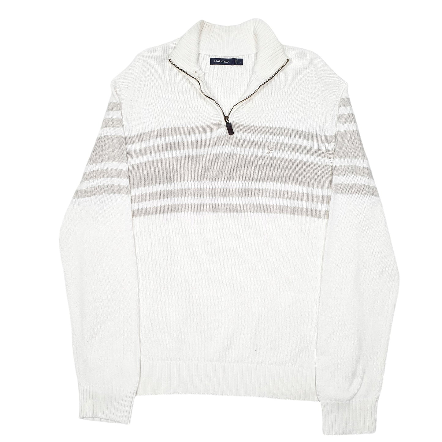 Mens Cream Nautica Knit Striped Quarter Zip Jumper