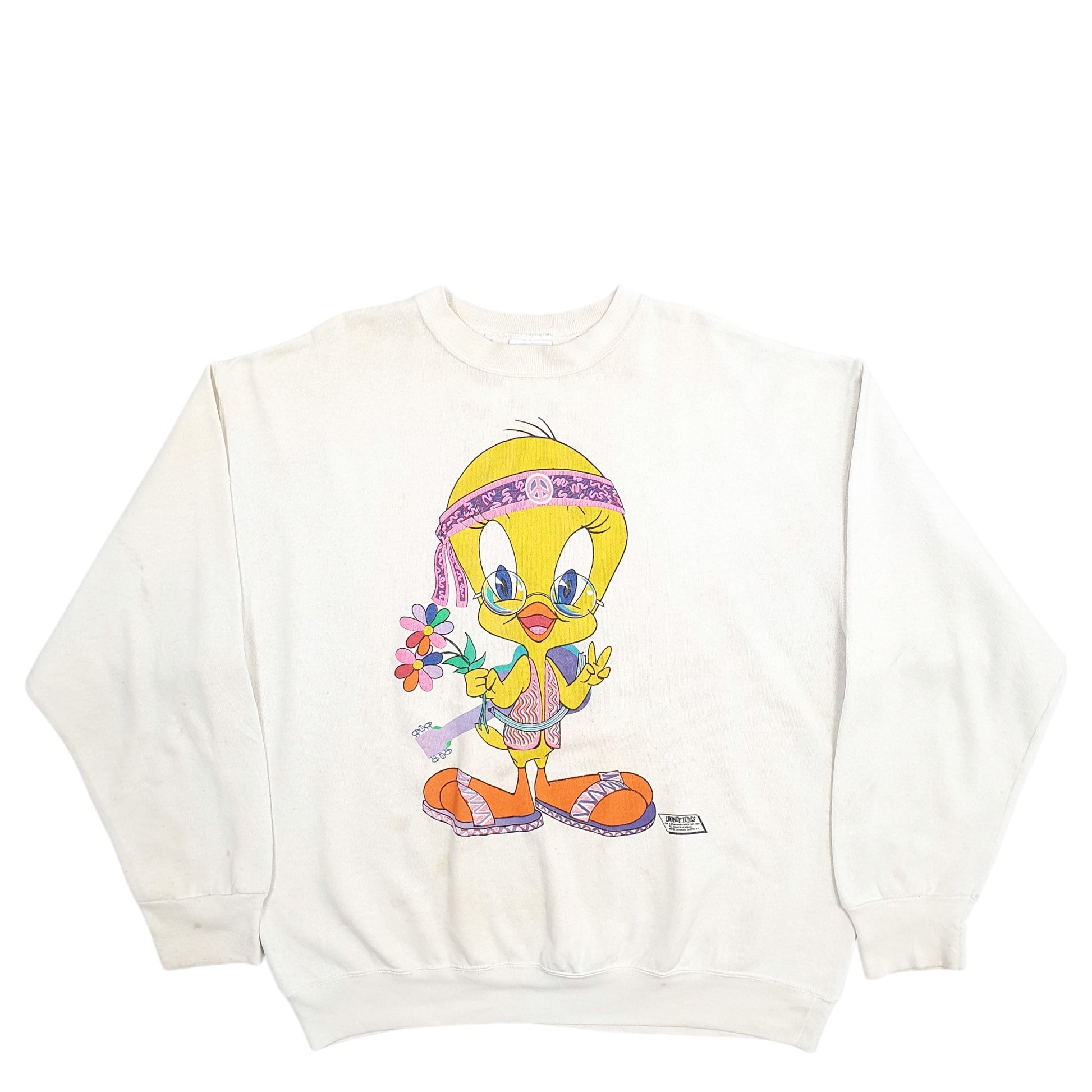 Mens Cream Tultex Tweety Pie Looney Tunes 80's Vintage Crewneck Jumper