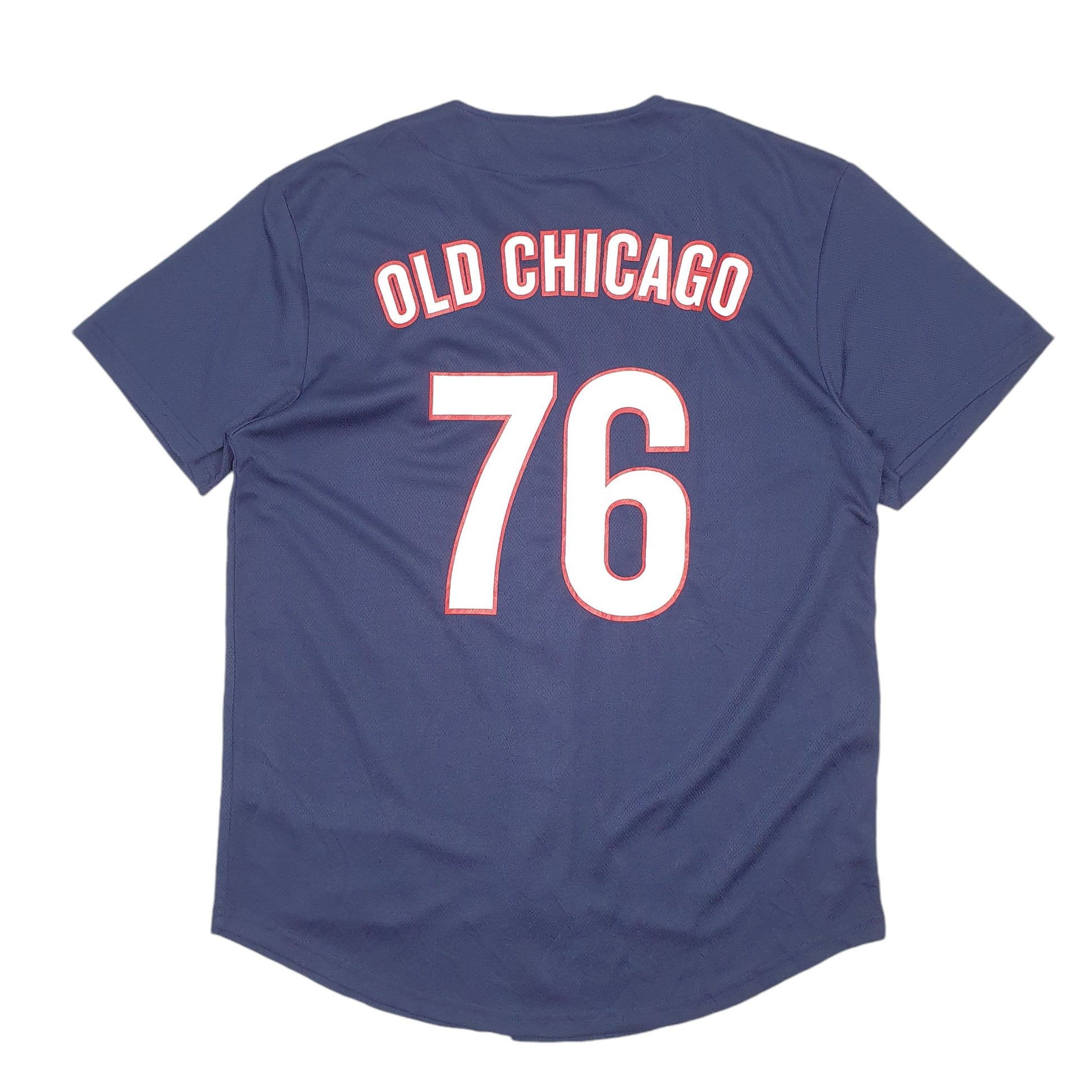 Mens Navy Old Chicago Pizza & Taproom Baseball Jersey USA World Beer Tour Short Sleeve T Shirt
