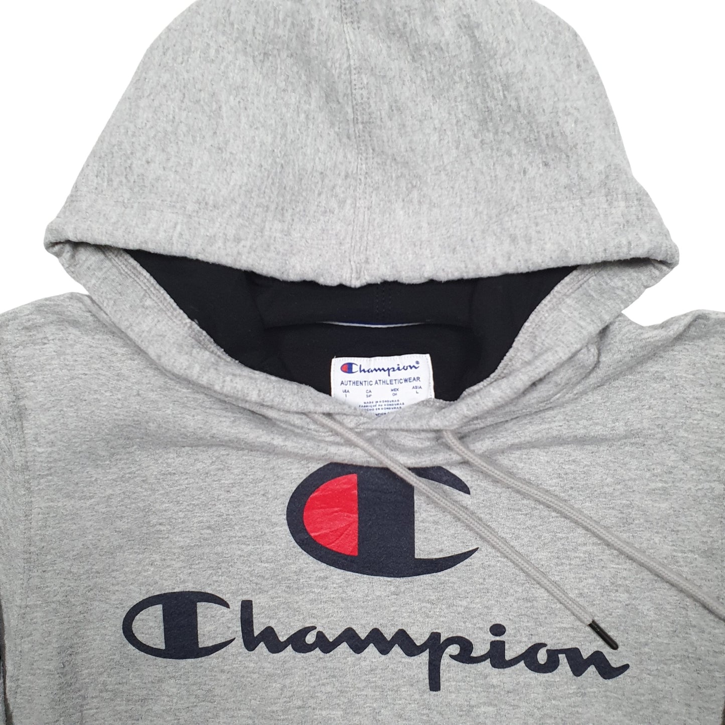 Mens Grey Champion Spellout Hoodie Jumper