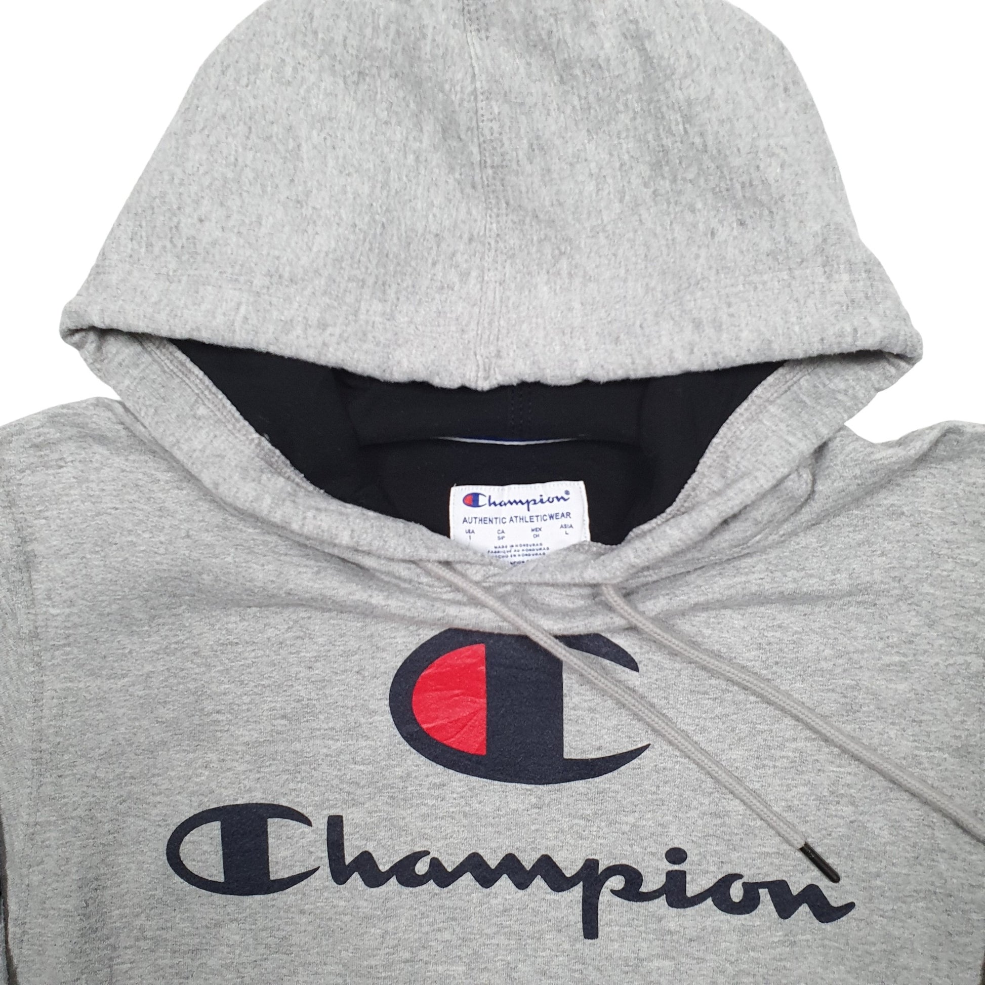 Mens Grey Champion Spellout Hoodie Jumper