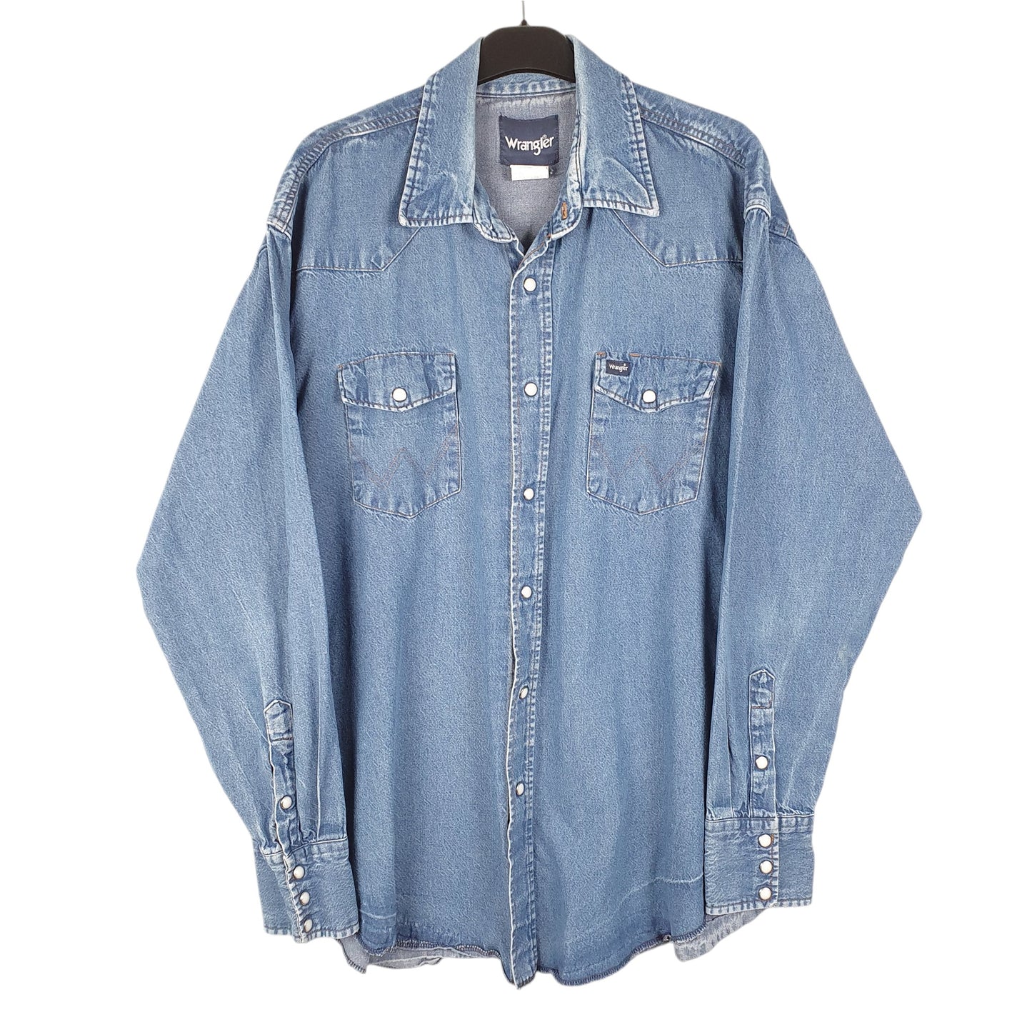 Mens Blue Wrangler Denim Jeans Western Pearl Snap Cowboy Long Sleeve Shirt