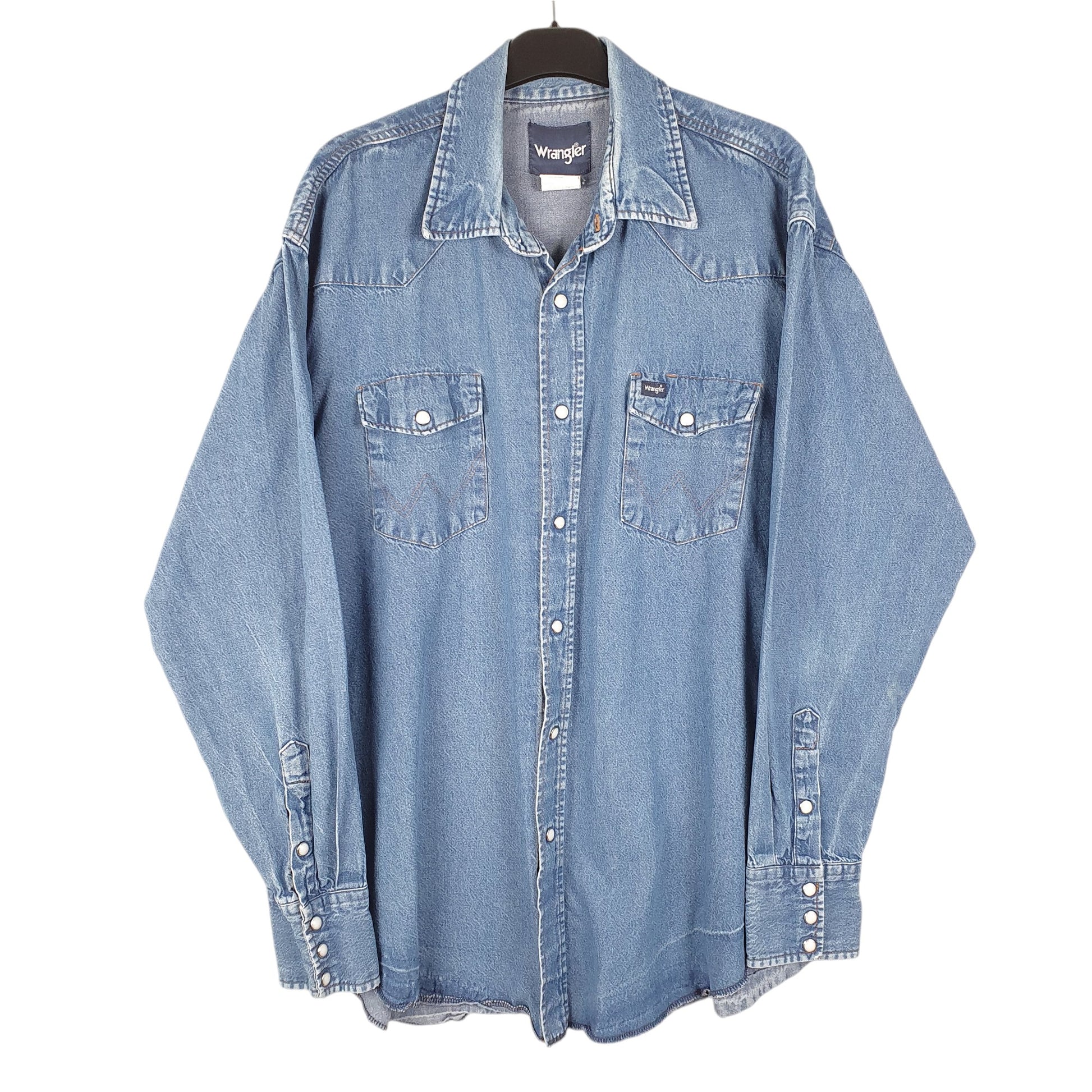 Mens Blue Wrangler Denim Jeans Western Pearl Snap Cowboy Long Sleeve Shirt