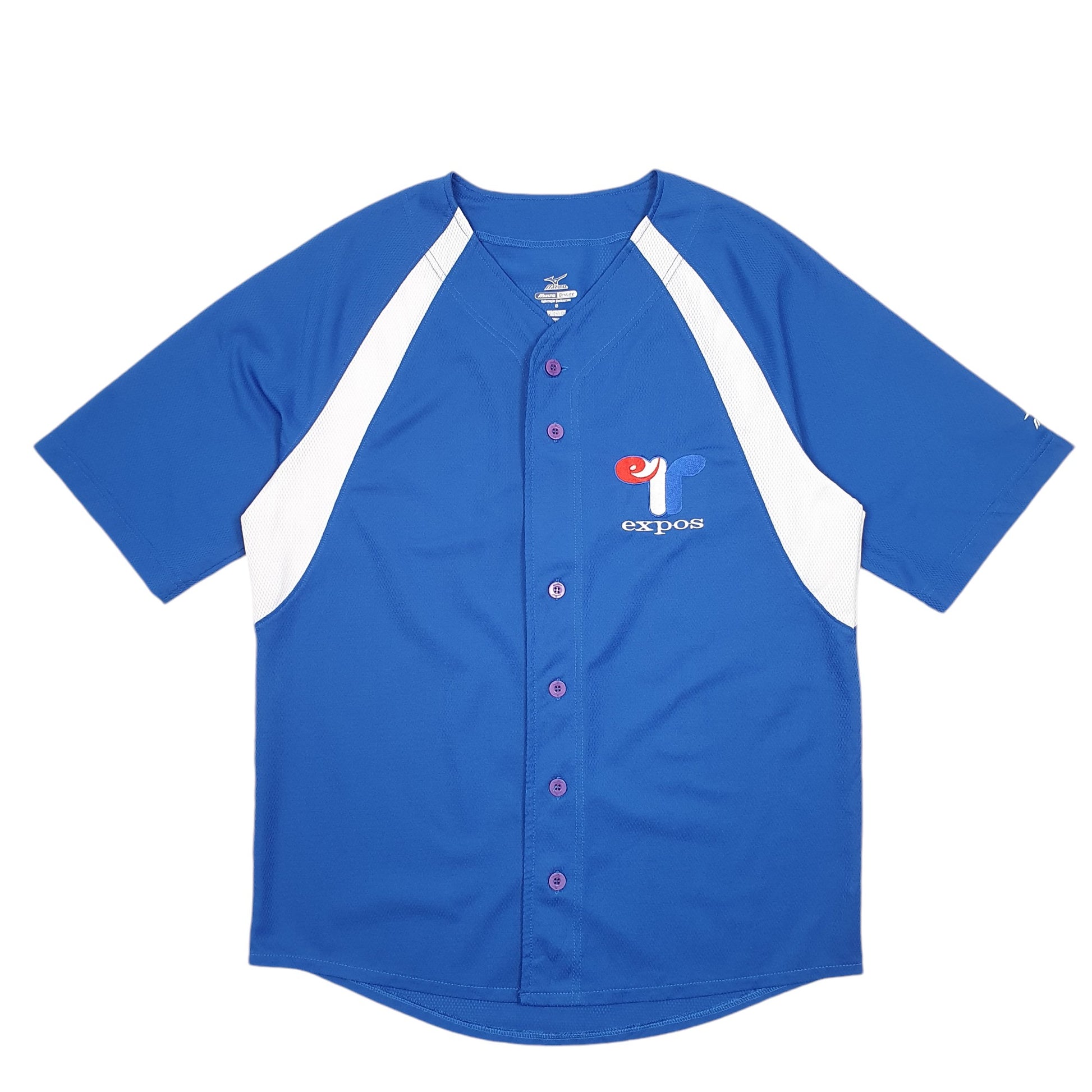 Mens Blue Mizuno MLB Baseball Jersey Montreal Expos Drylite Short Sleeve T Shirt