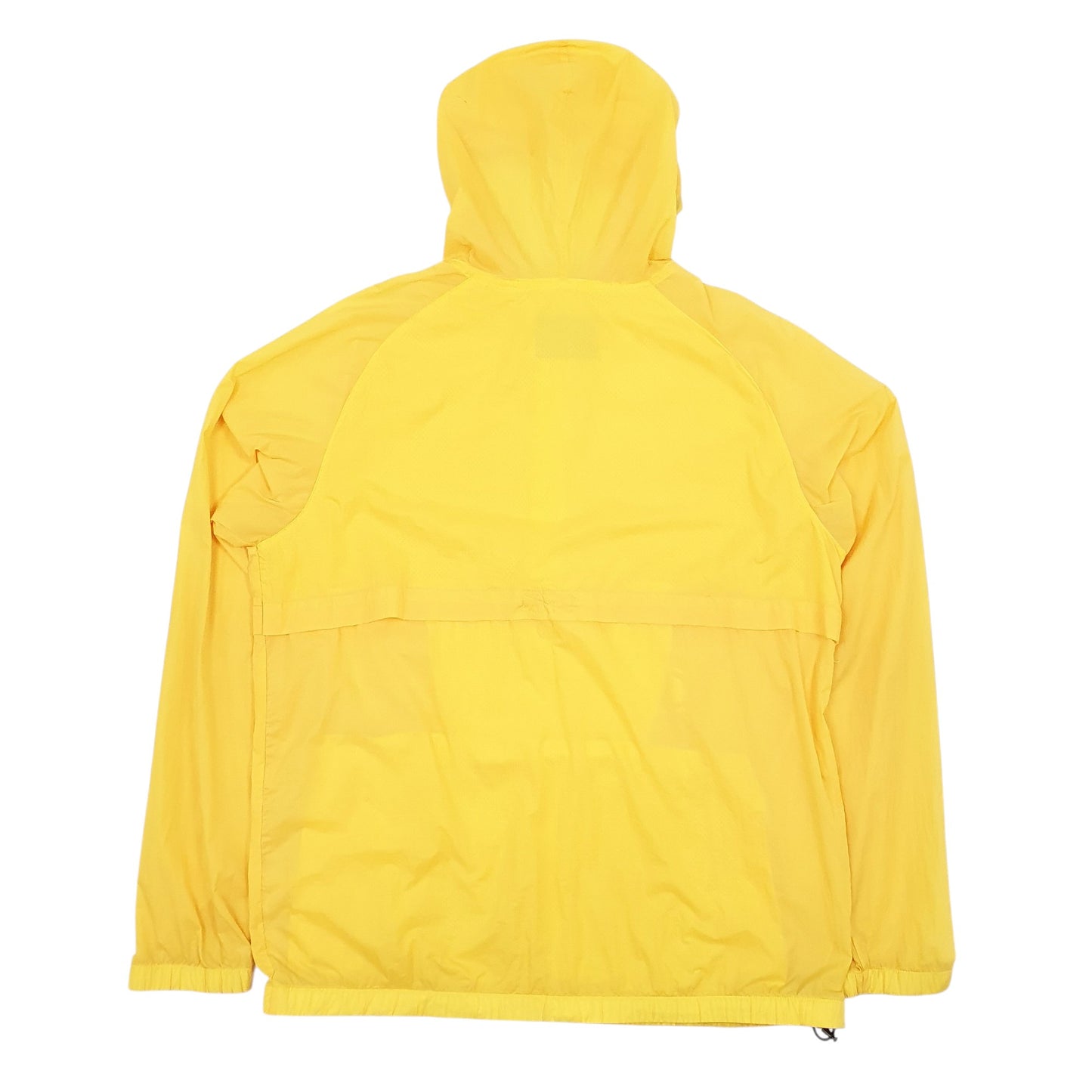 Mens Yellow Chanpion Zip is not working correctly. Hole in the hood. Cracking in the print on the front.  Coat