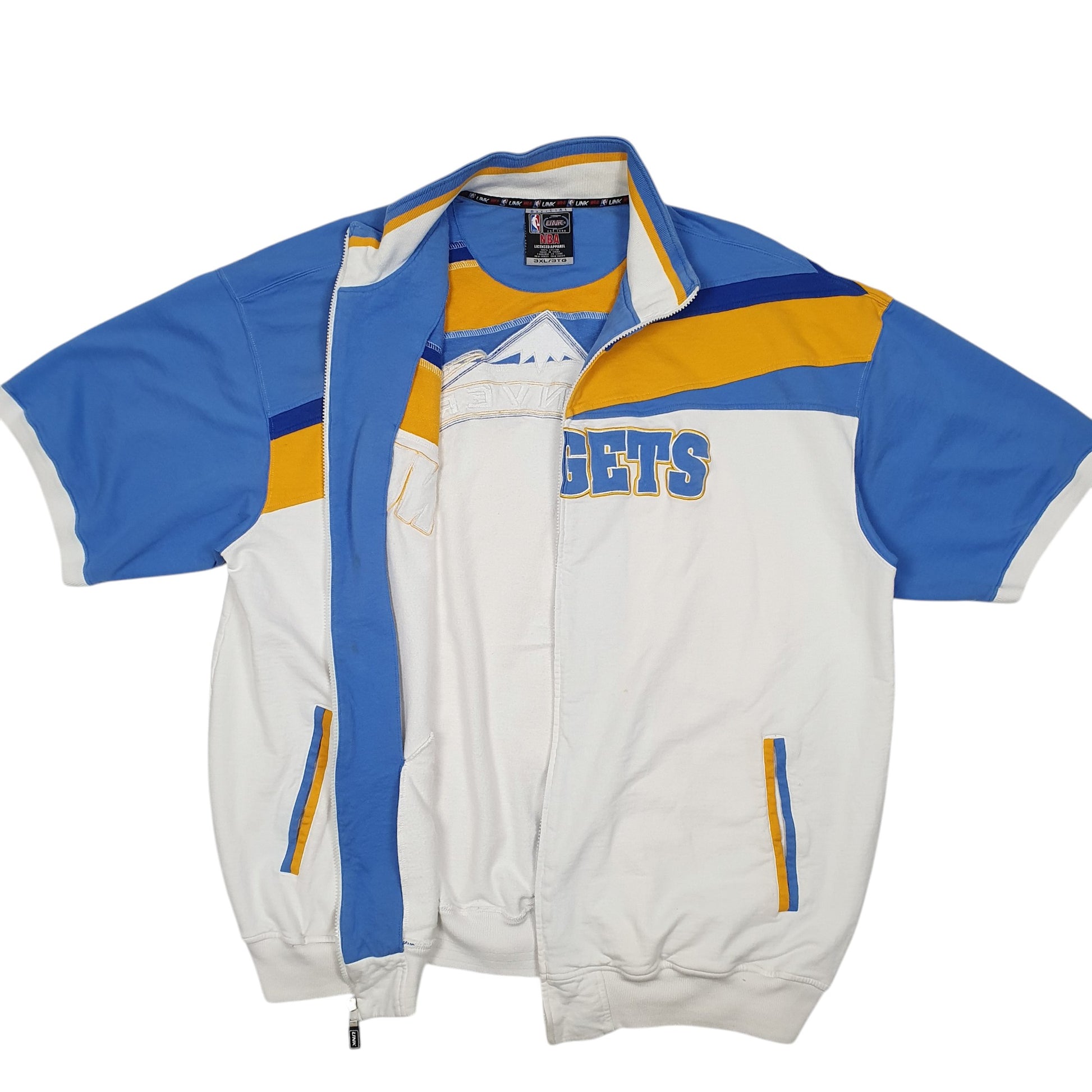 Mens White Unk NBA Denver Nuggets Basketball Short Sleeve Spellout Full Zip Jumper
