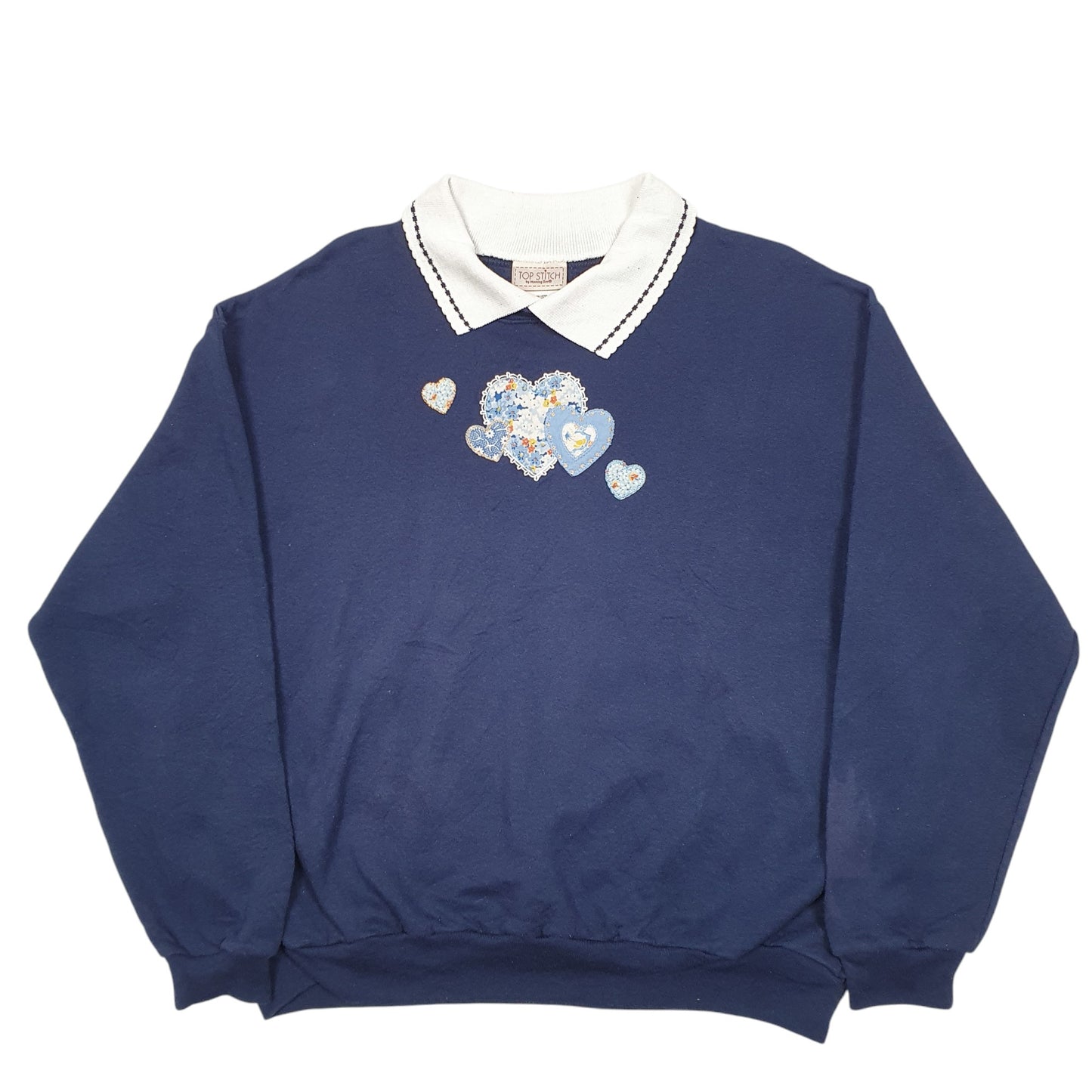 Womens Navy Top Stitch Collared Frill Hearts Embroided Vintage Crewneck Jumper