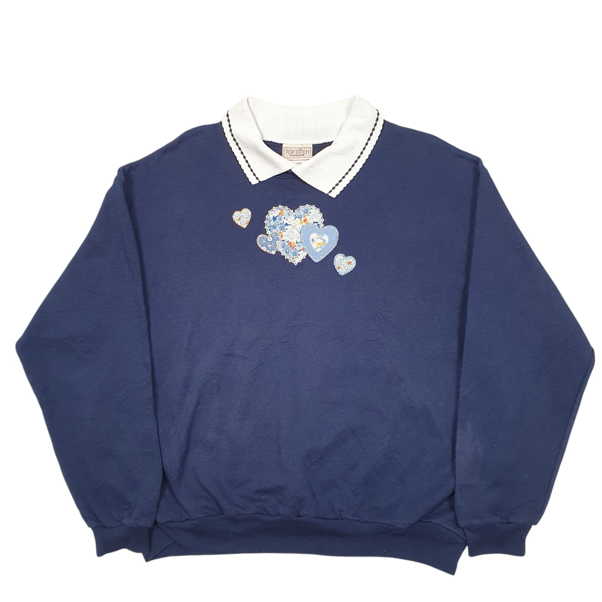 Womens Navy Top Stitch Collared Frill Hearts Embroided Vintage Crewneck Jumper