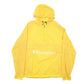 Mens Yellow Chanpion Zip is not working correctly. Hole in the hood. Cracking in the print on the front.  Coat