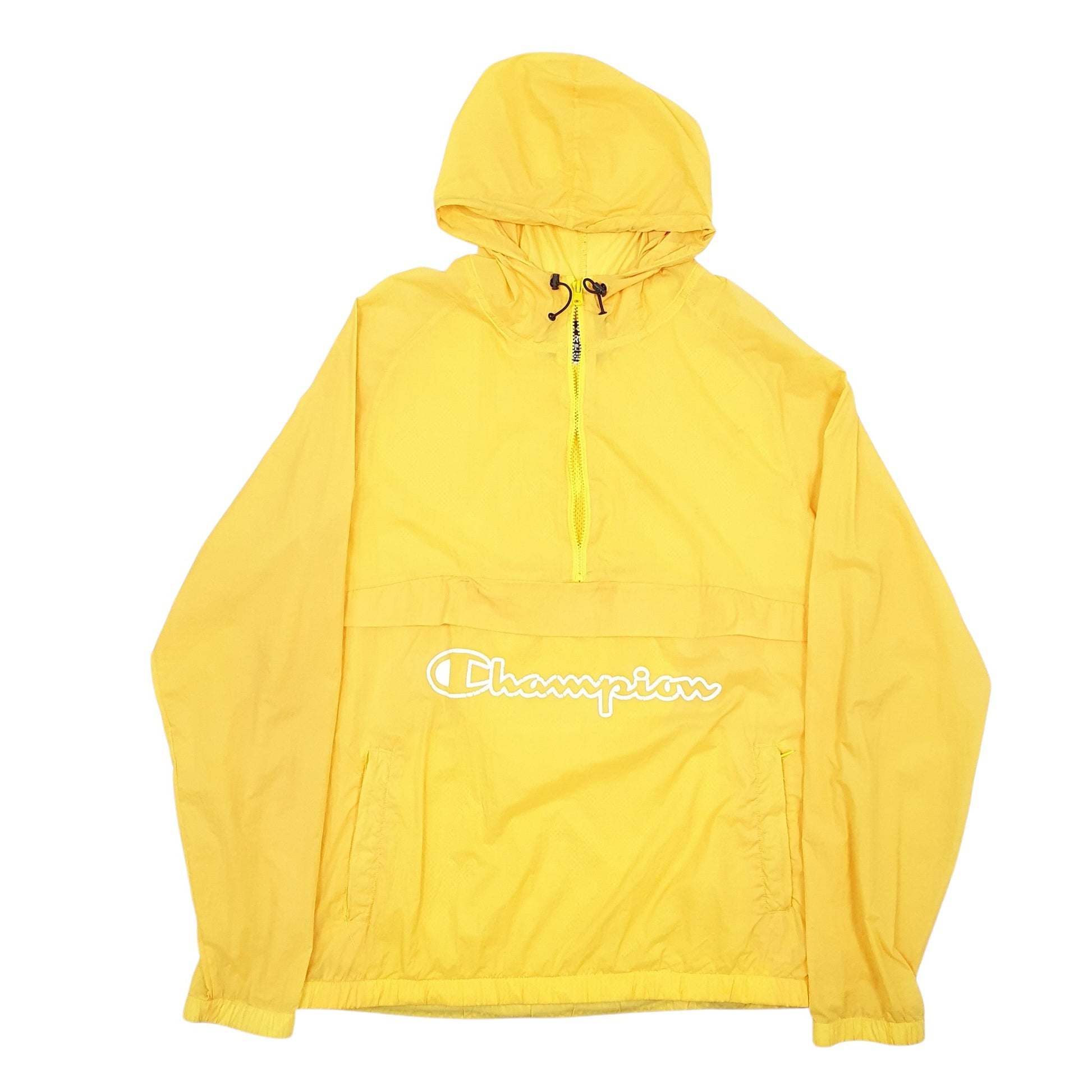 Mens Yellow Chanpion Zip is not working correctly. Hole in the hood. Cracking in the print on the front.  Coat