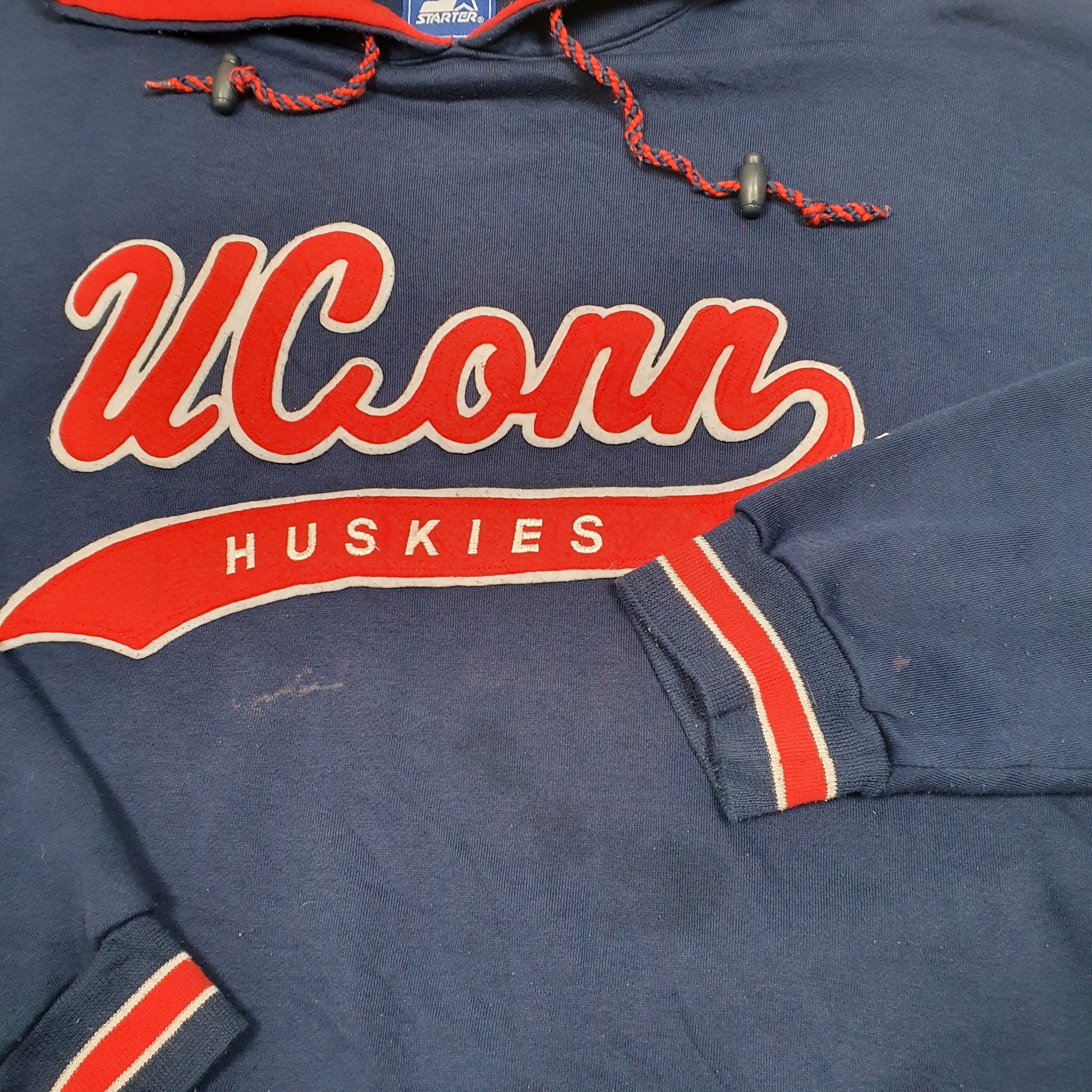 Mens Navy Starter Uconn Huskies Spellout USA Football Vintage Hoodie Jumper