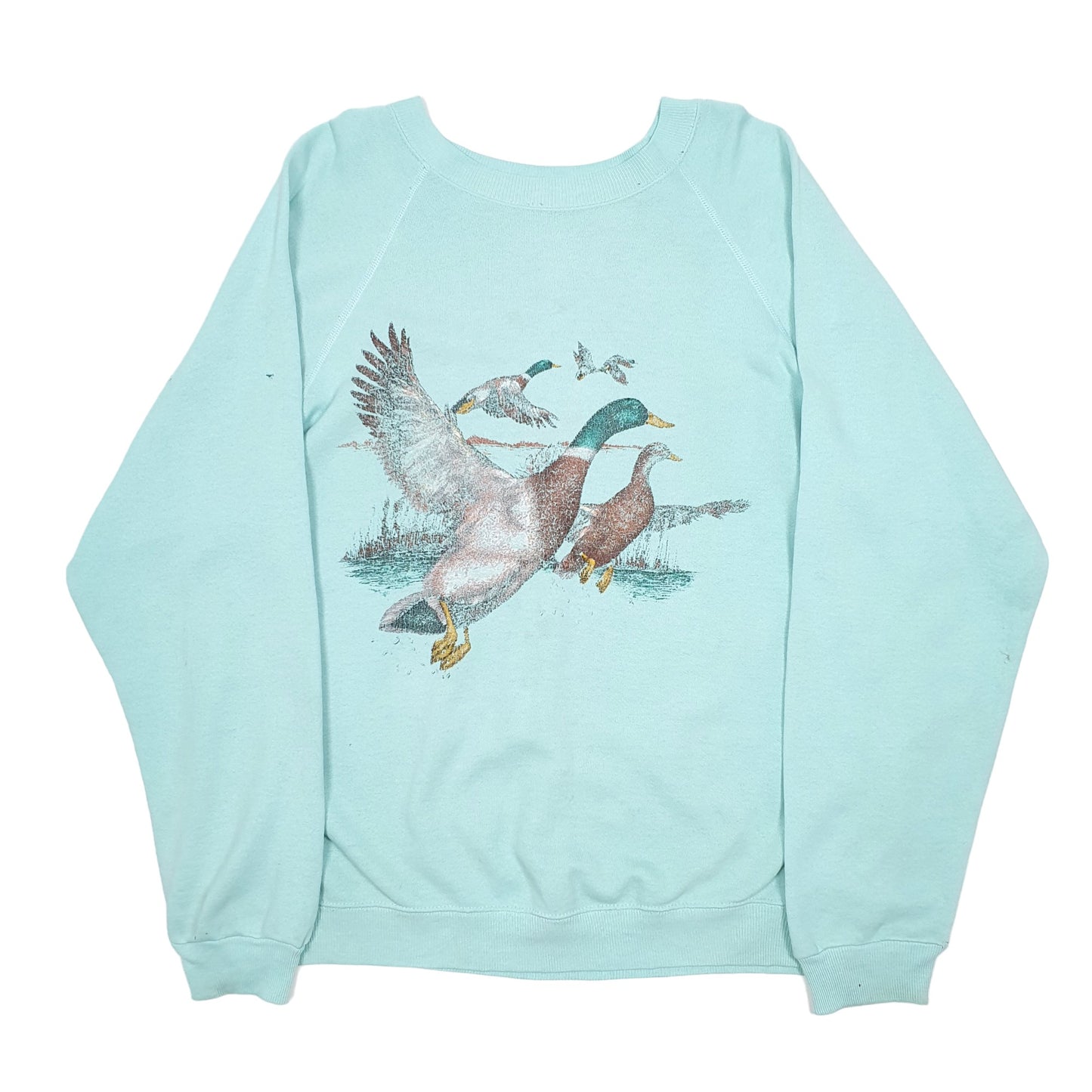 Mens Green Hanes Vintage Ducks Wildlife Made In USA 90s Crewneck Jumper