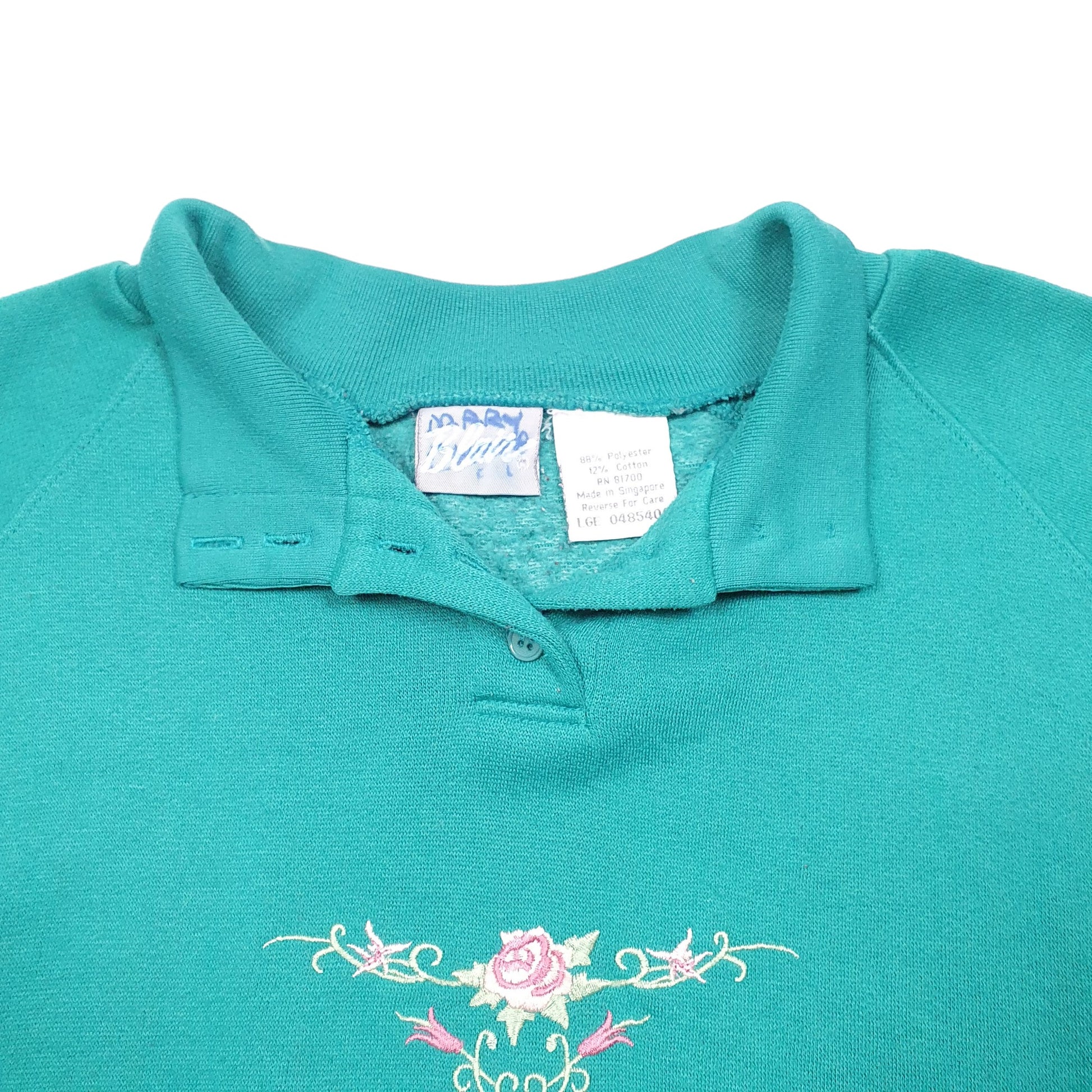 Womens Green Blair Vintage Button Raglan 90s Rose Flowers Embroidered Crewneck Jumper