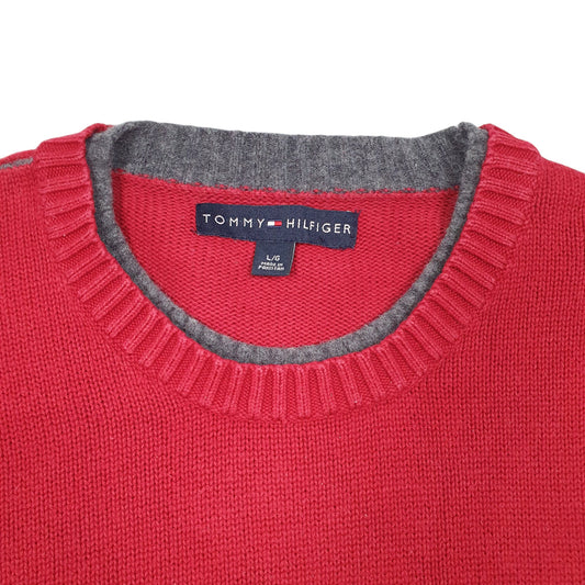 Mens Red Tommy Hilfiger Vintage Knit 2000s Stripe Sweater Crewneck Jumper