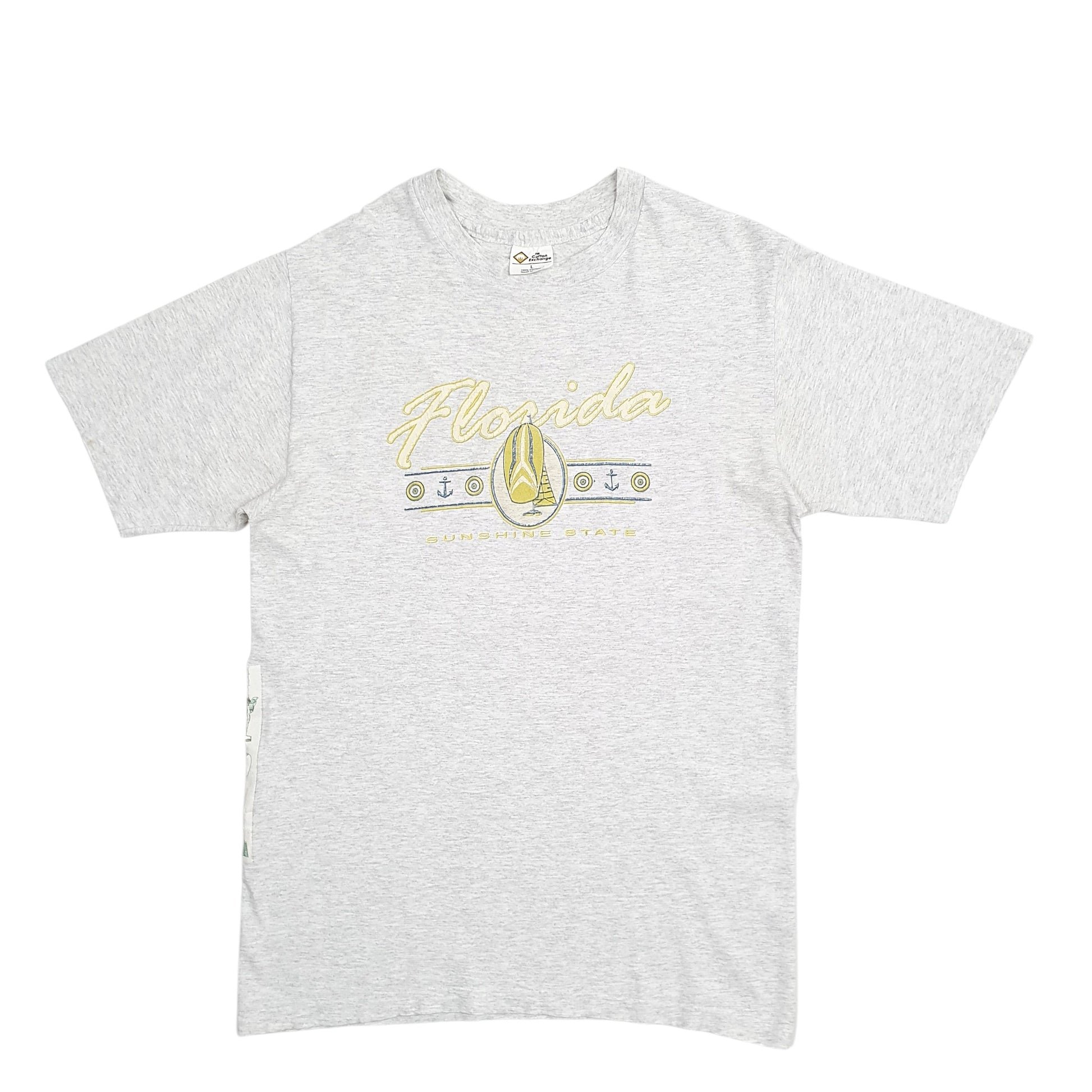 Mens Grey The Cotton Exchange Single Stitch Vintage 90s Made In USA Florida Spellout Short Sleeve T Shirt