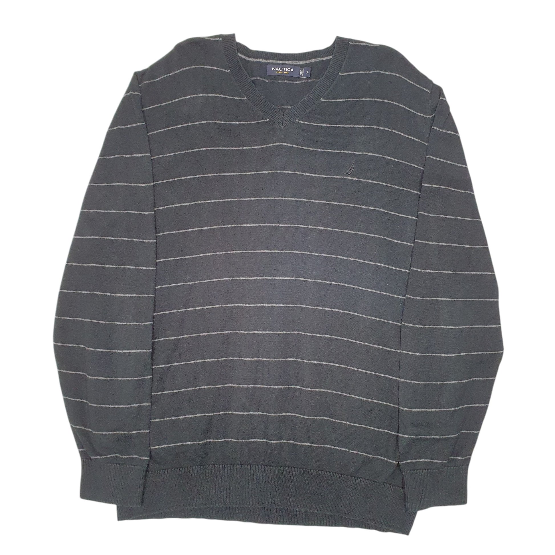 Mens Black Nautica Knit Striped V Neck Jumper