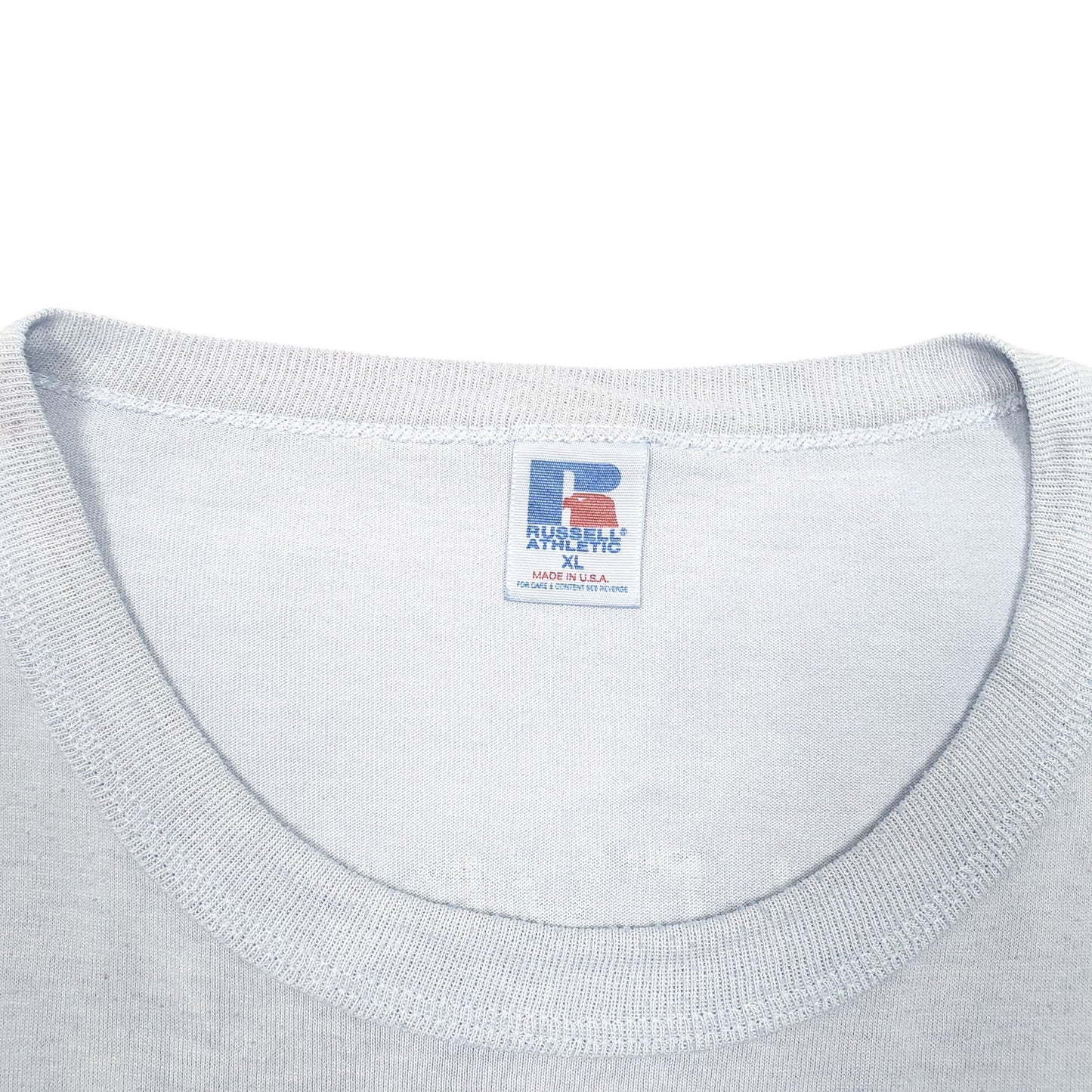 Mens Blue Russell Athletic Single Stitch Vintage 90s Made In USA Huntington High Athletics Short Sleeve T Shirt