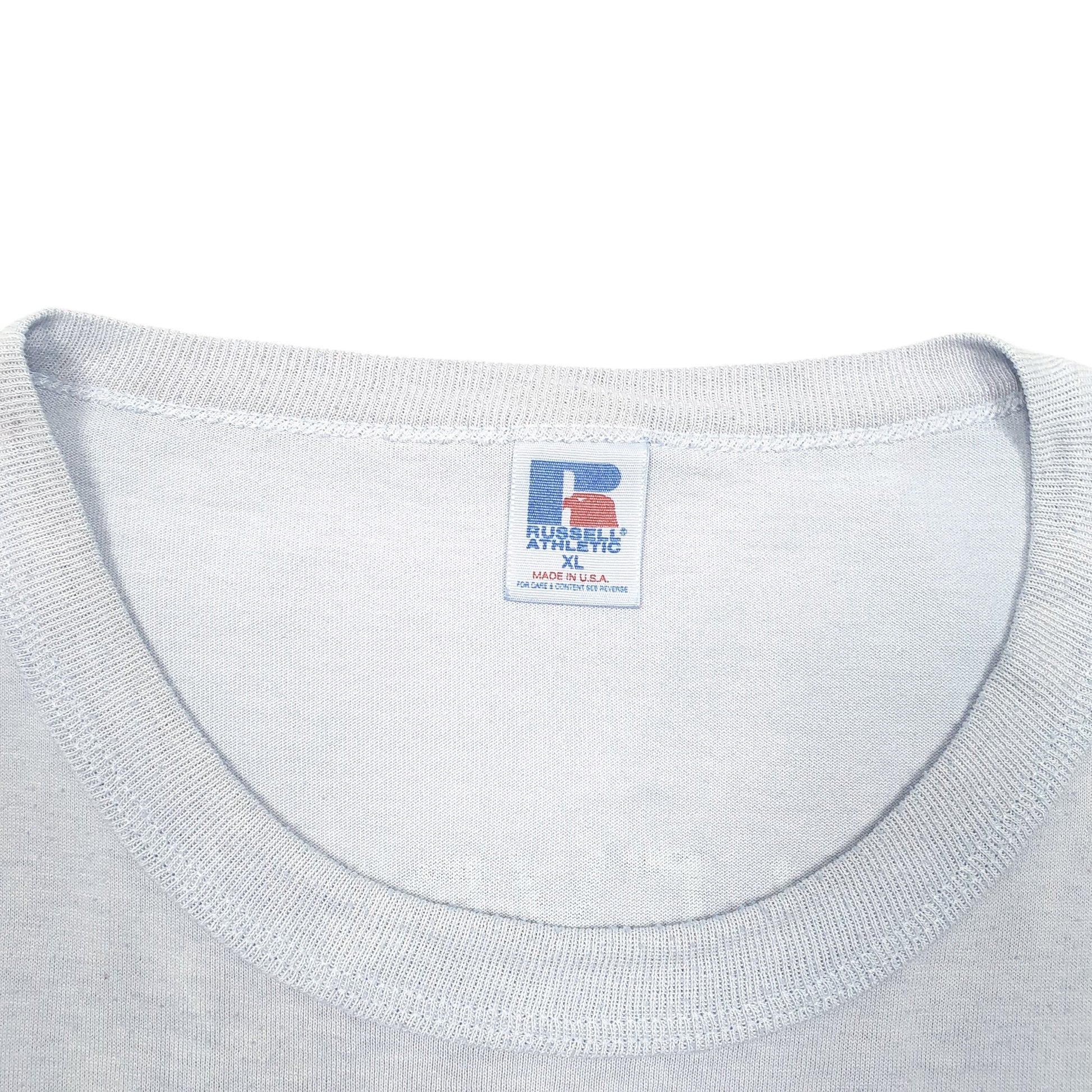 Mens Blue Russell Athletic Single Stitch Vintage 90s Made In USA Huntington High Athletics Short Sleeve T Shirt