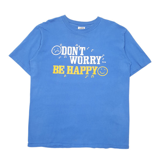 Mens Blue Oneita Single Stitch Vintage 90s Made In USA Dont Worry Be Happy Short Sleeve T Shirt