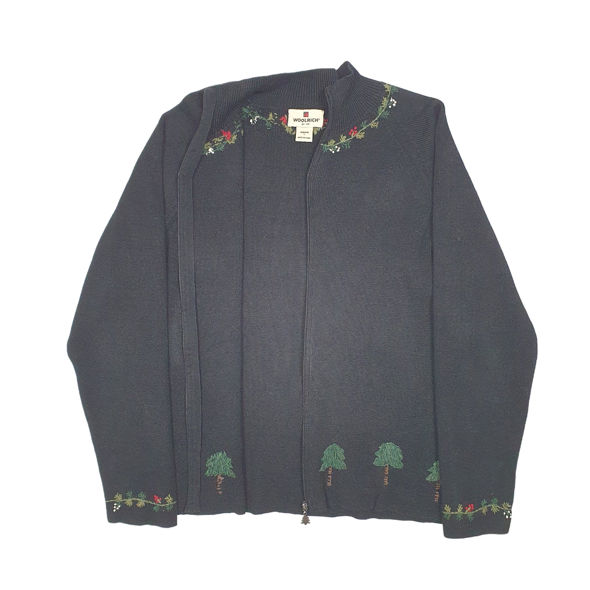 Womens Black Woolrich Knit Festive Cardigan Christmas Tree Mistletoe Full Zip Jumper