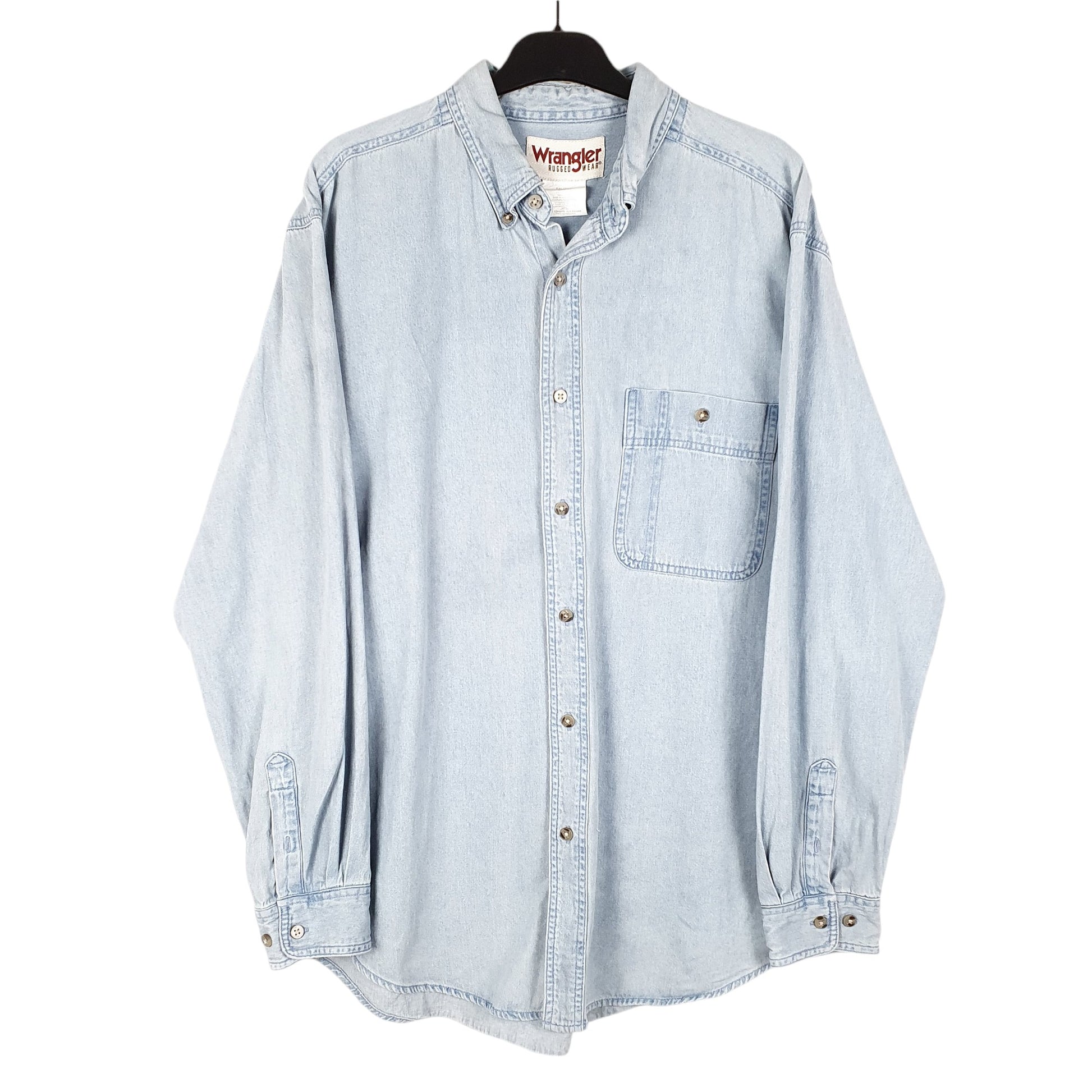 Mens Blue Wrangler Denim Jeans Vintage Rugged Wear Work Chambray Long Sleeve Shirt