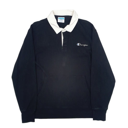 Mens Black Champion Button Up Rugby Shirt Quarter Zip Jumper