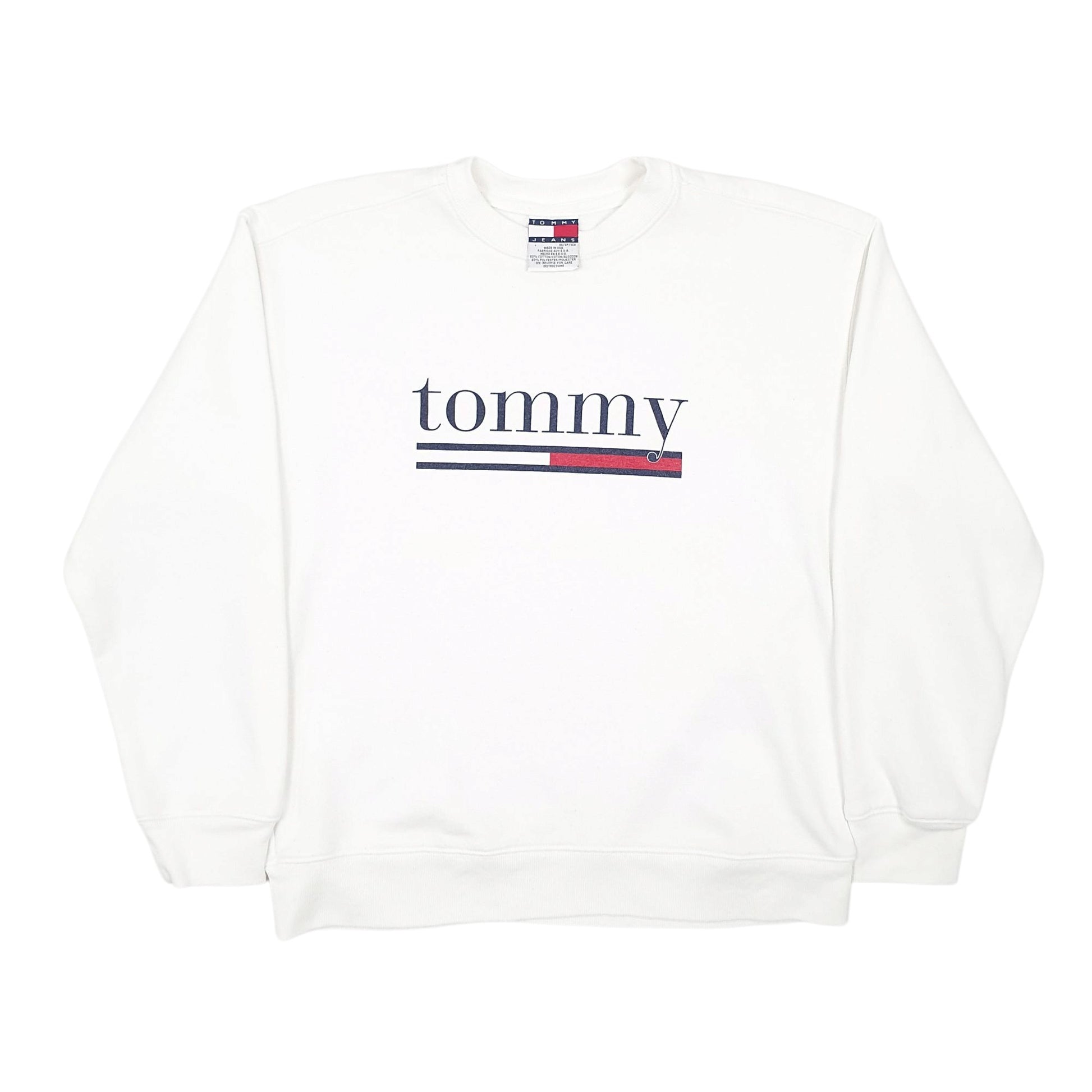 Mens White Tommy Hilfiger Vintage 90s Made In USA Spellout Crewneck Jumper