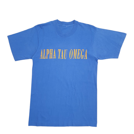 Mens Blue Unbranded Single Stitch Vintage 90s Alpha Tau Omega Short Sleeve T Shirt