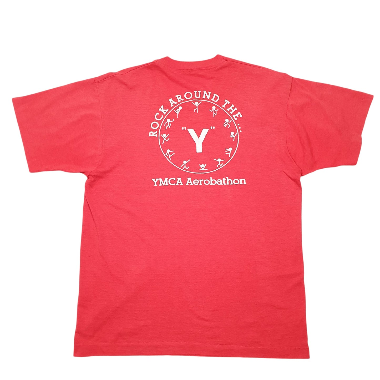 Mens Red Screen Stars Single Stitch Vintage 90s YMCA Fitness Made In USA Short Sleeve T Shirt