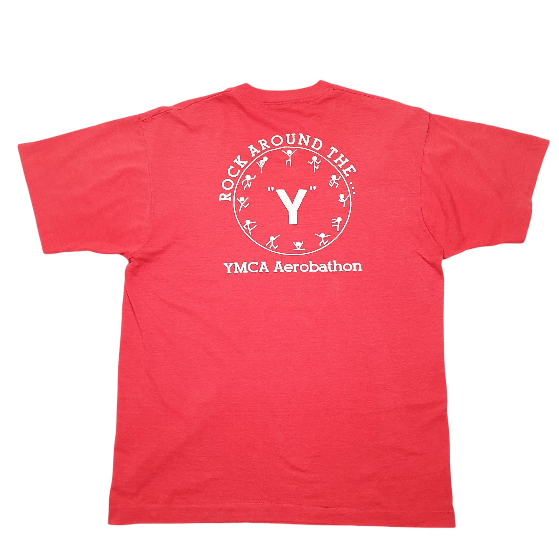 Mens Red Screen Stars Single Stitch Vintage 90s YMCA Fitness Made In USA Short Sleeve T Shirt